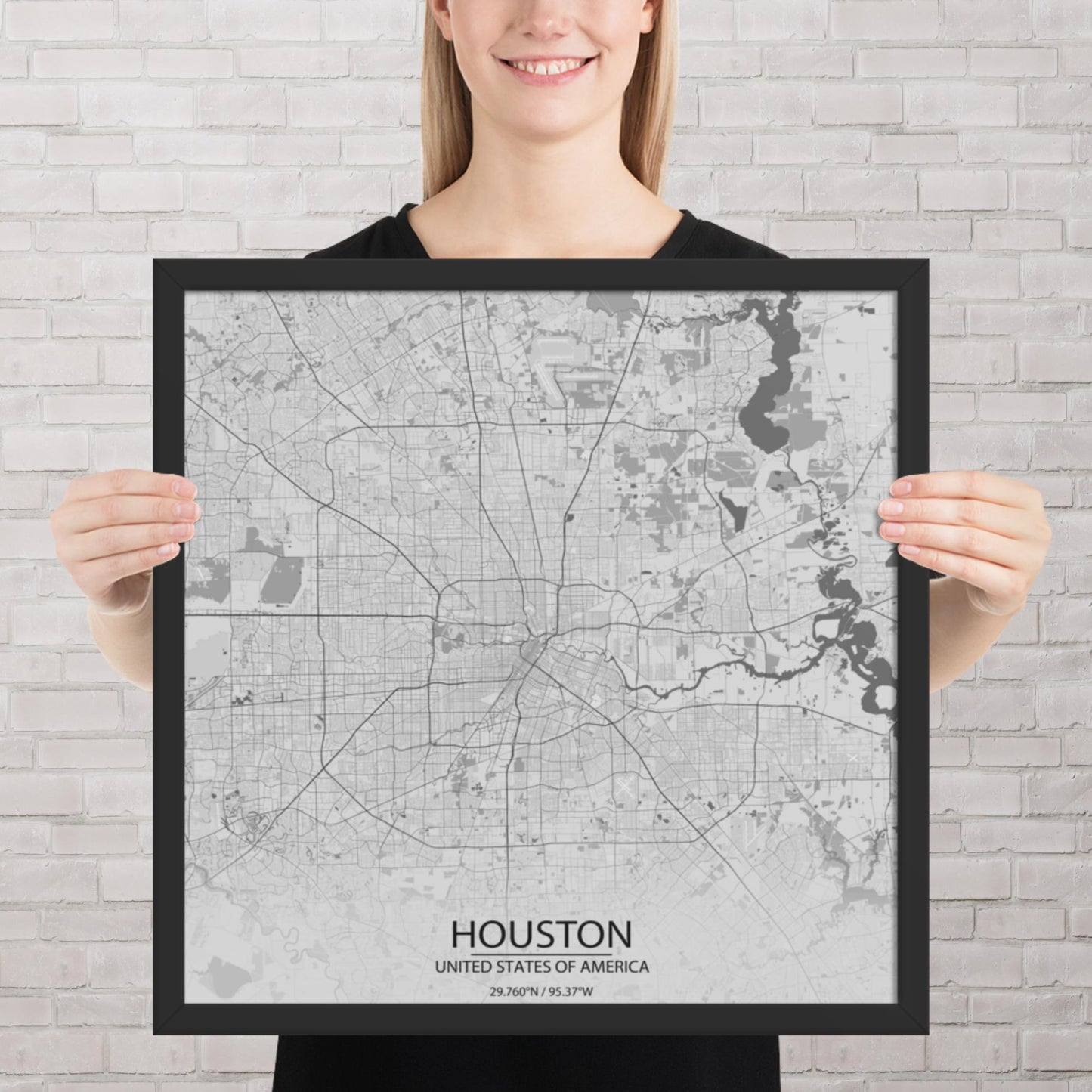Houston Light Grey Framed Map
