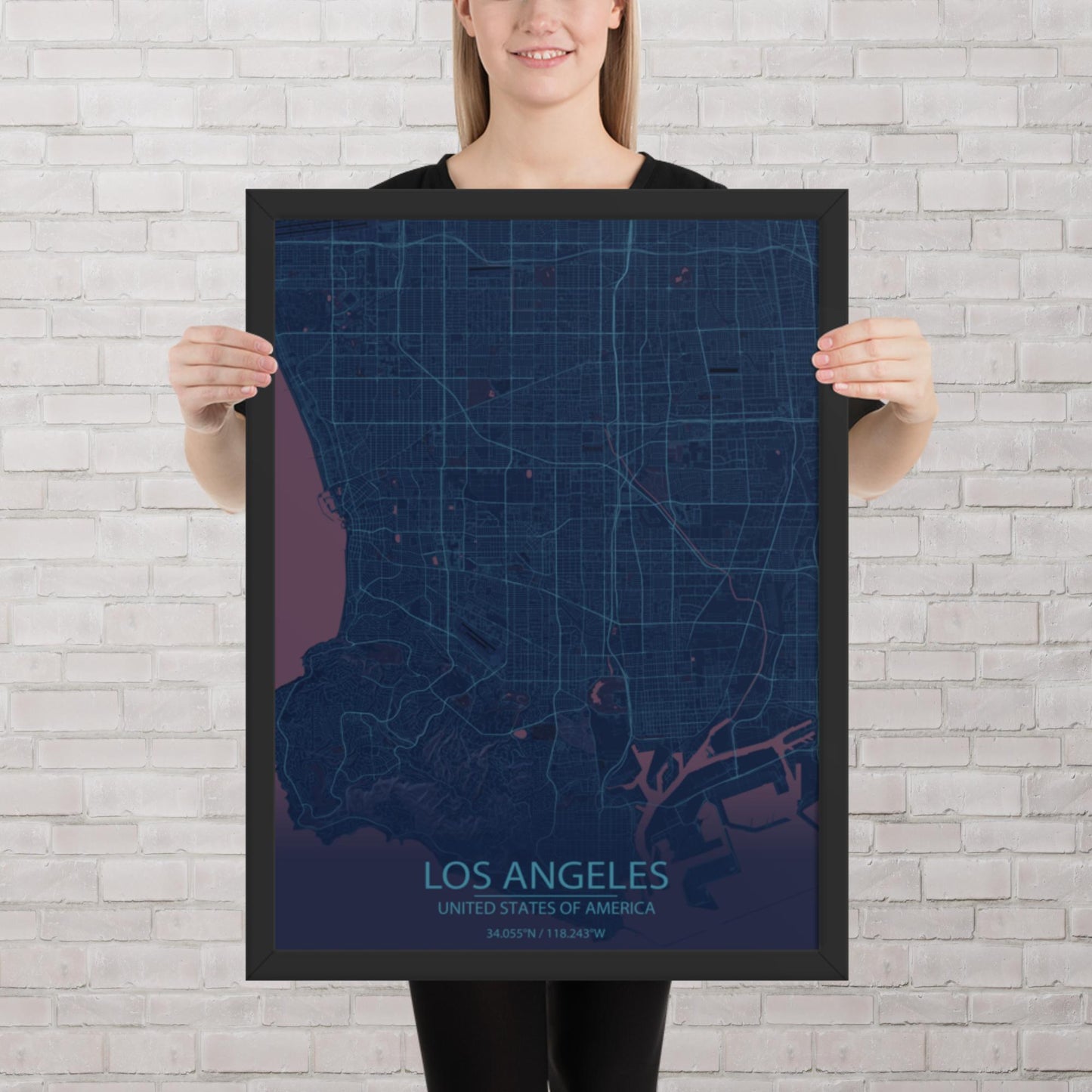 Los Angeles Blue and Purple Framed Map