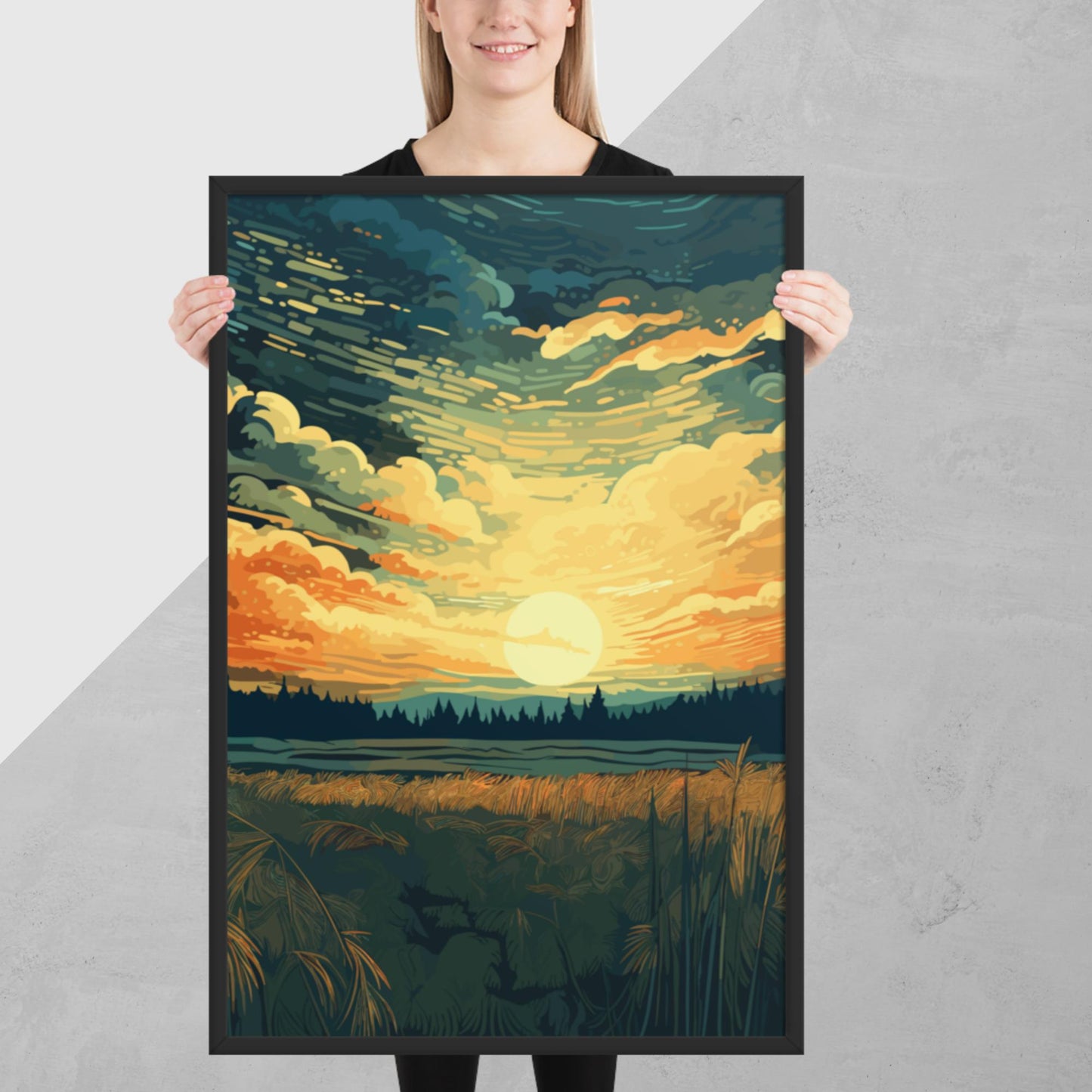 Crop Field Sunset Framed Poster