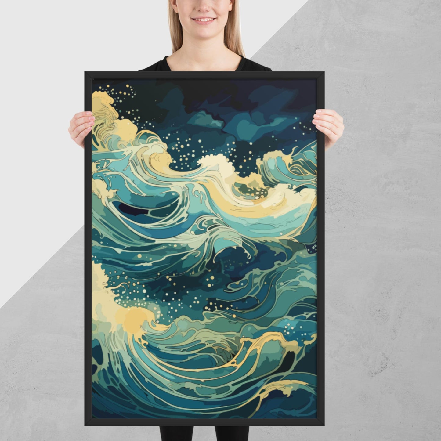 Nighttime Ocean Waves Framed Poster
