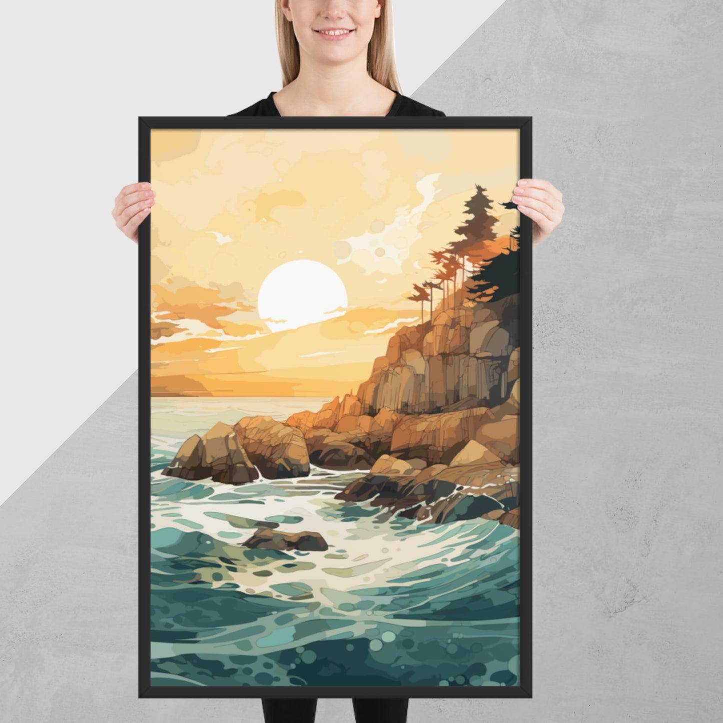 Ocean Rocks Sunset Framed Poster