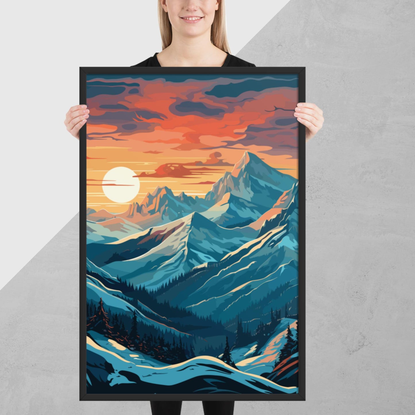 Snowy Mountain Sunset Framed Poster