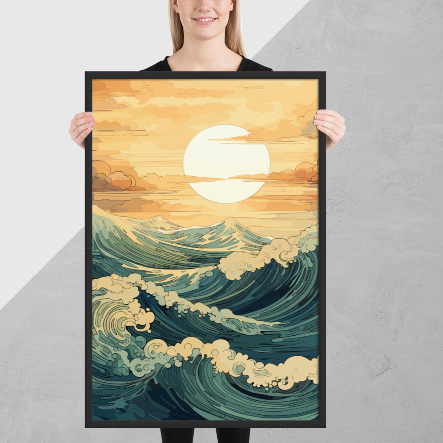 Wavy Sea Sunset Framed Poster
