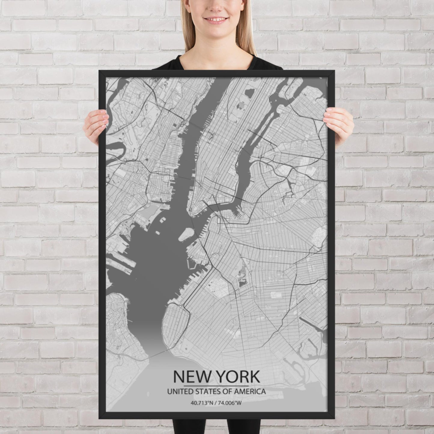 New York Light Grey Framed Map