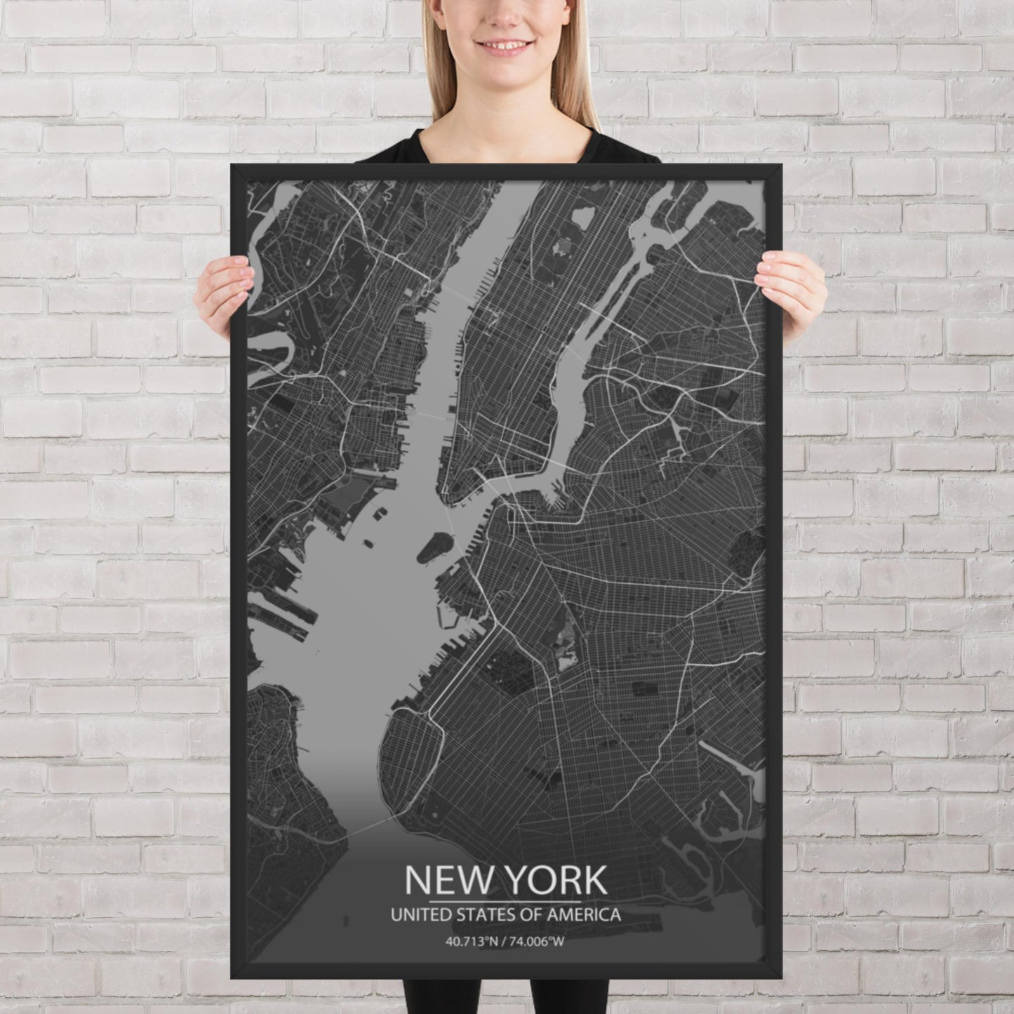 New York Dark Grey Framed Map
