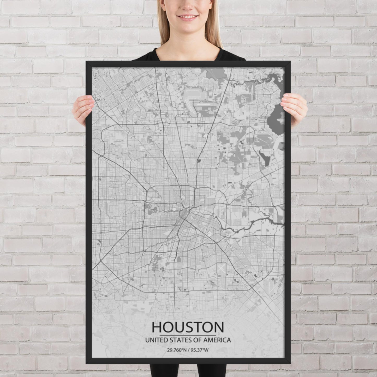 Houston Light Grey Framed Map