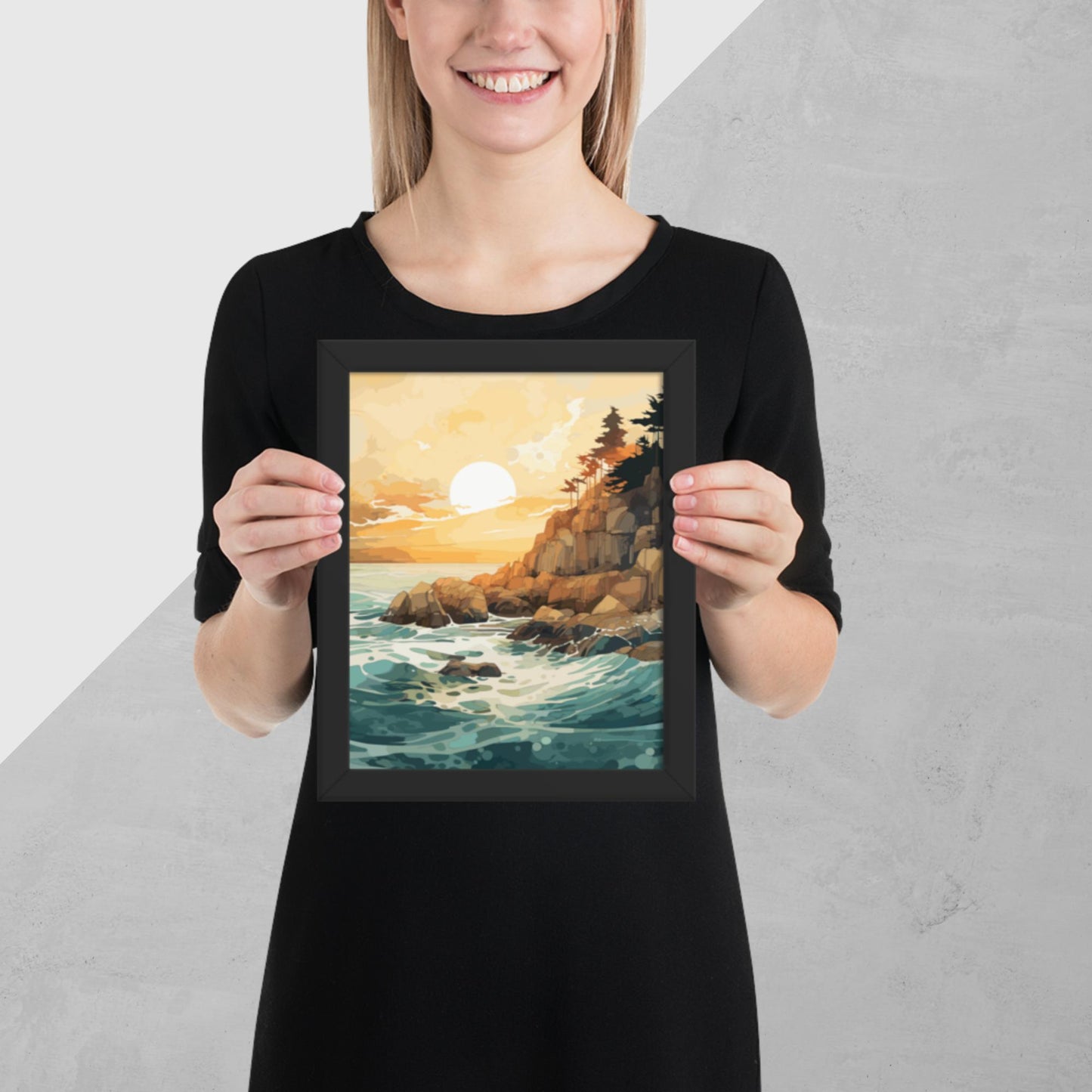 Ocean Rocks Sunset Framed Poster