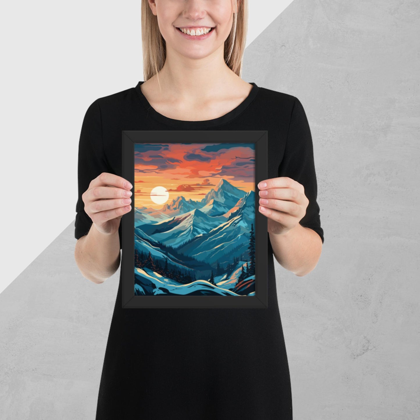 Snowy Mountain Sunset Framed Poster