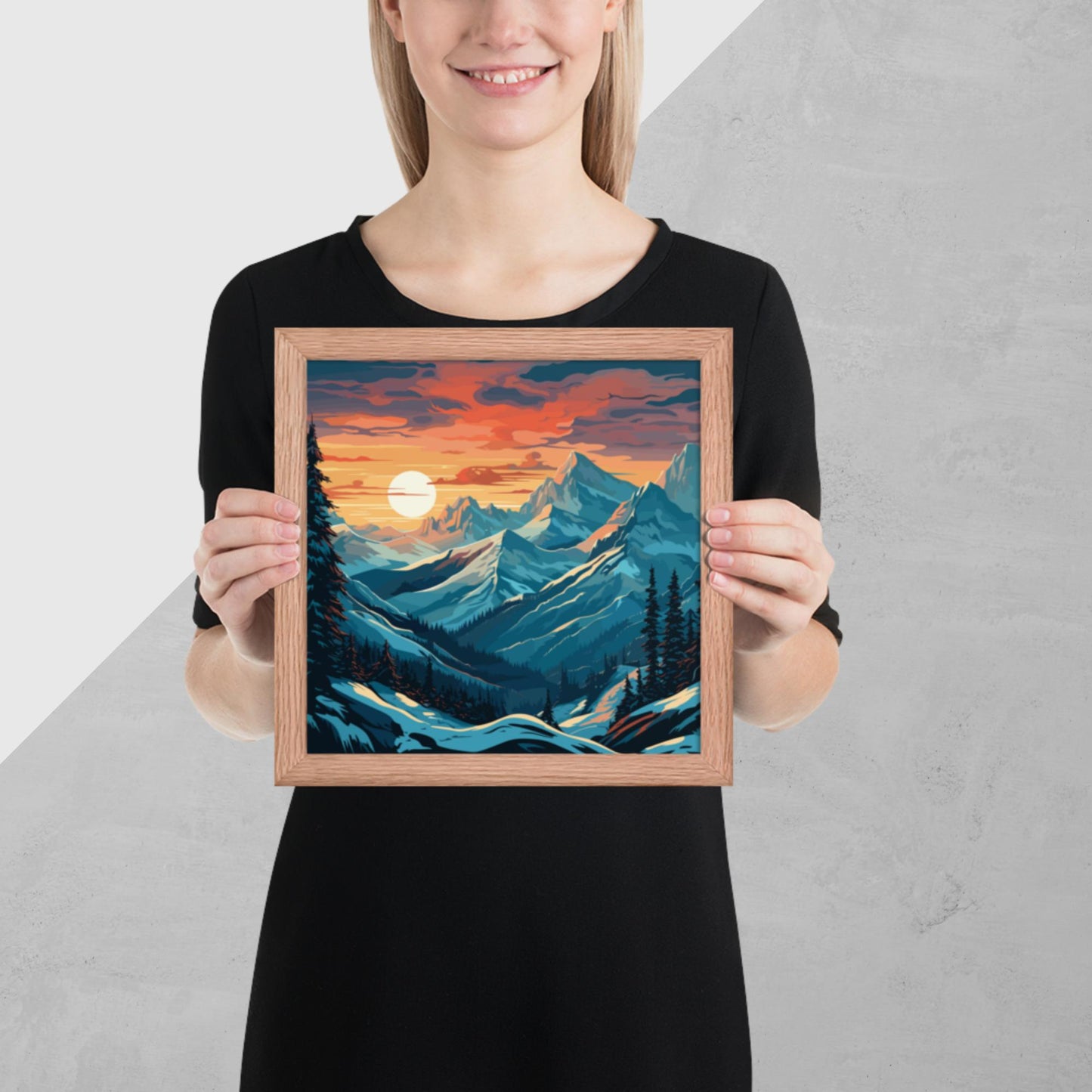 Snowy Mountain Sunset Framed Poster