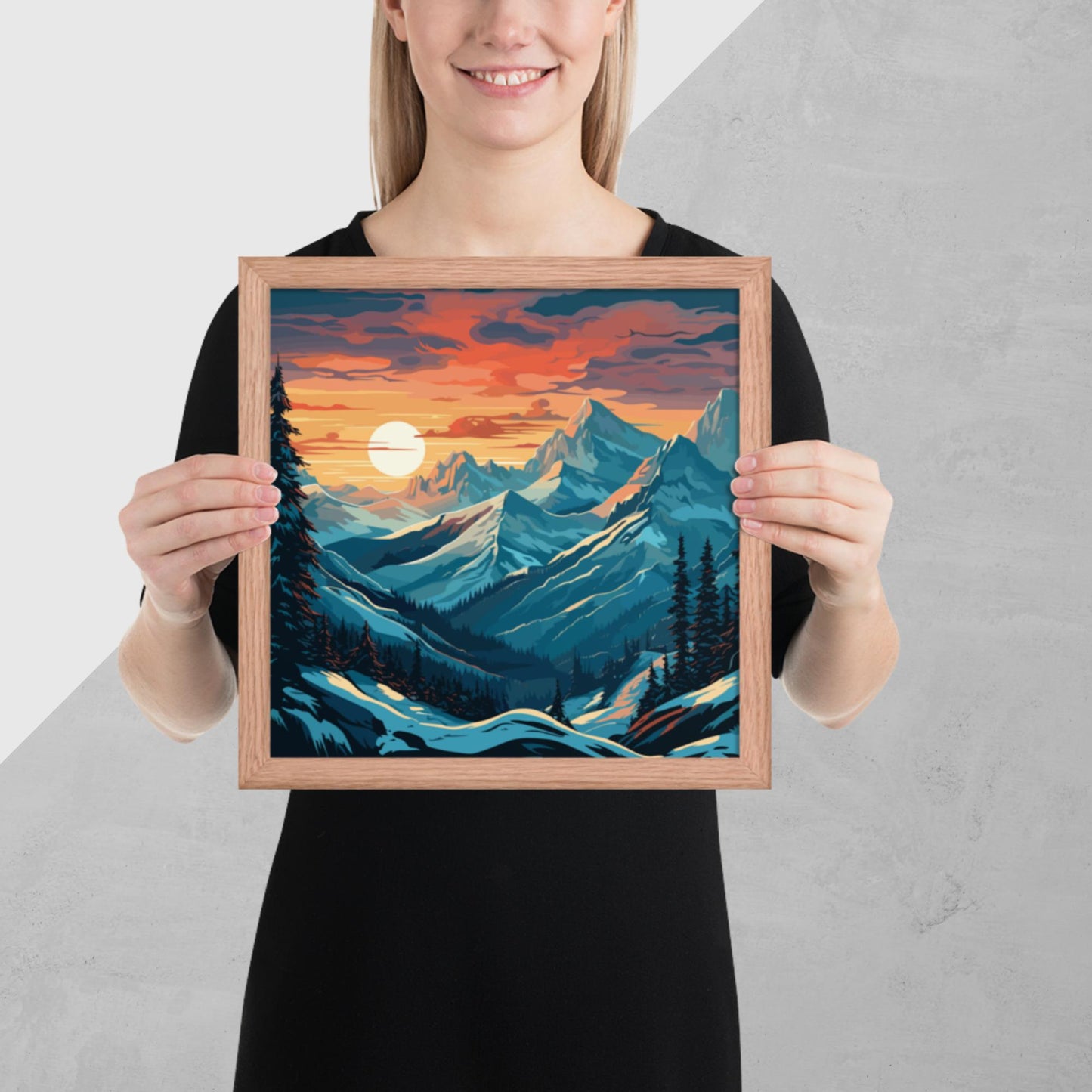 Snowy Mountain Sunset Framed Poster
