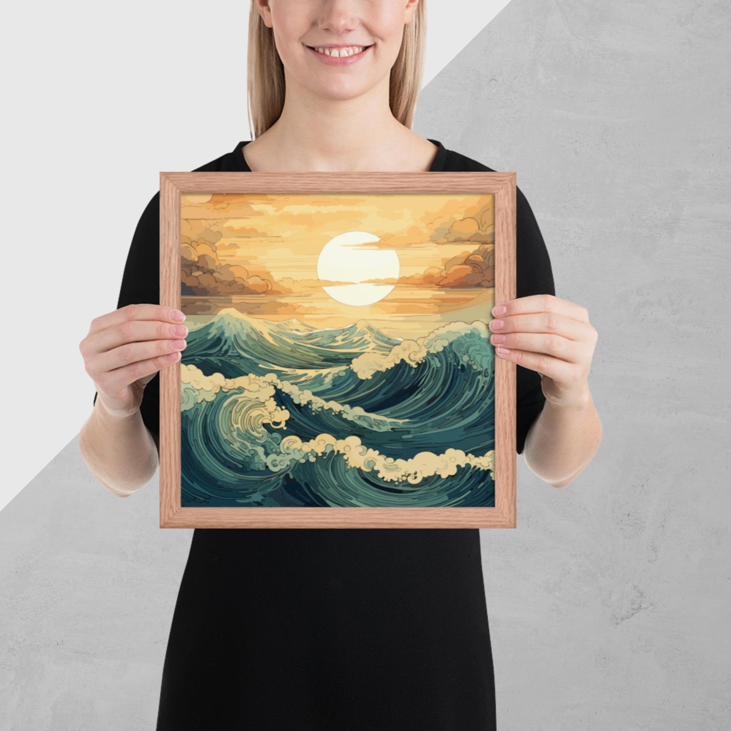 Wavy Sea Sunset Framed Poster