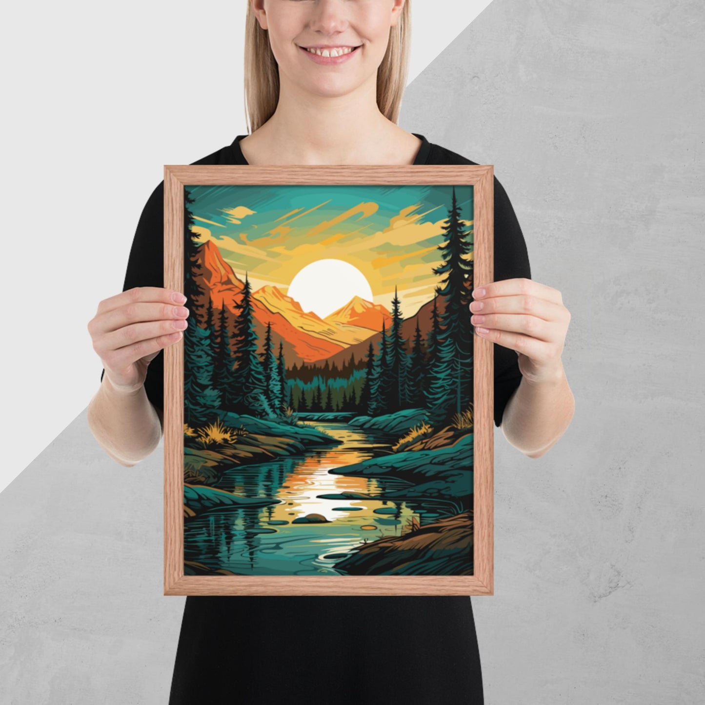 Forest Mountain River Framed Poster