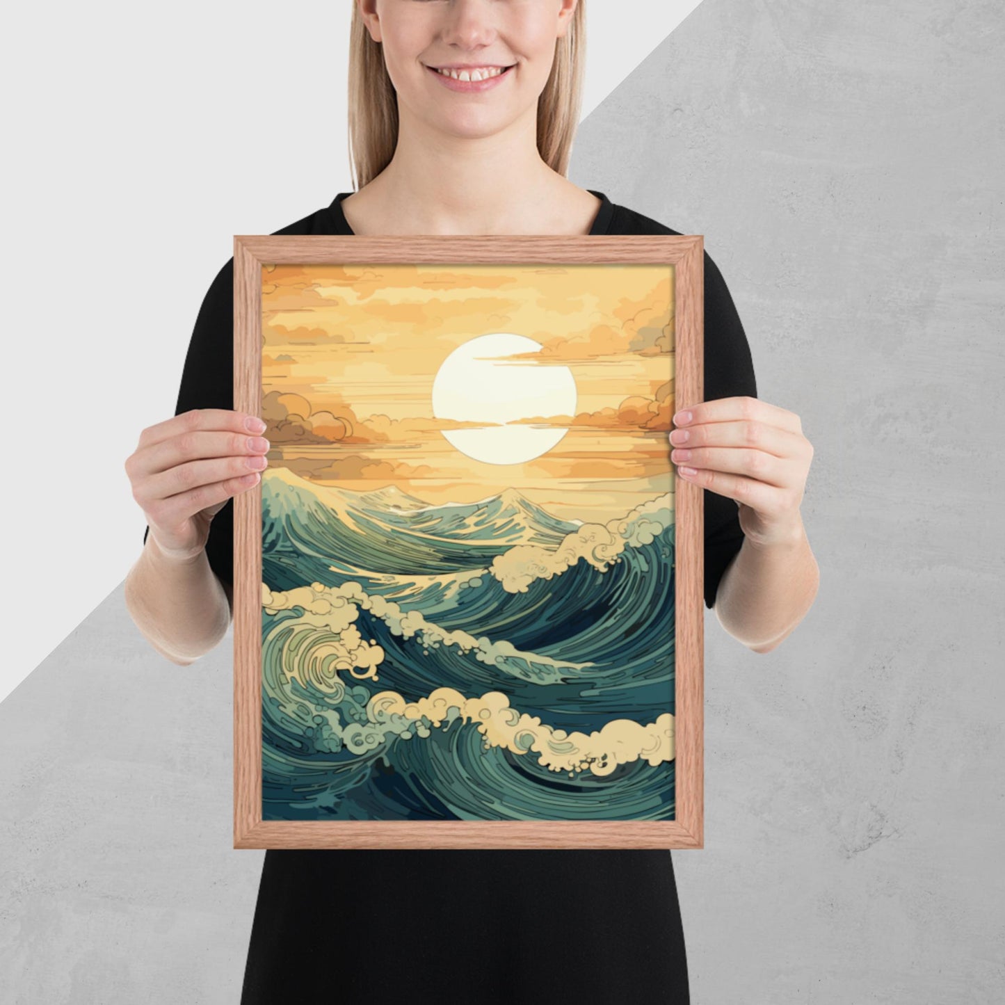 Wavy Sea Sunset Framed Poster