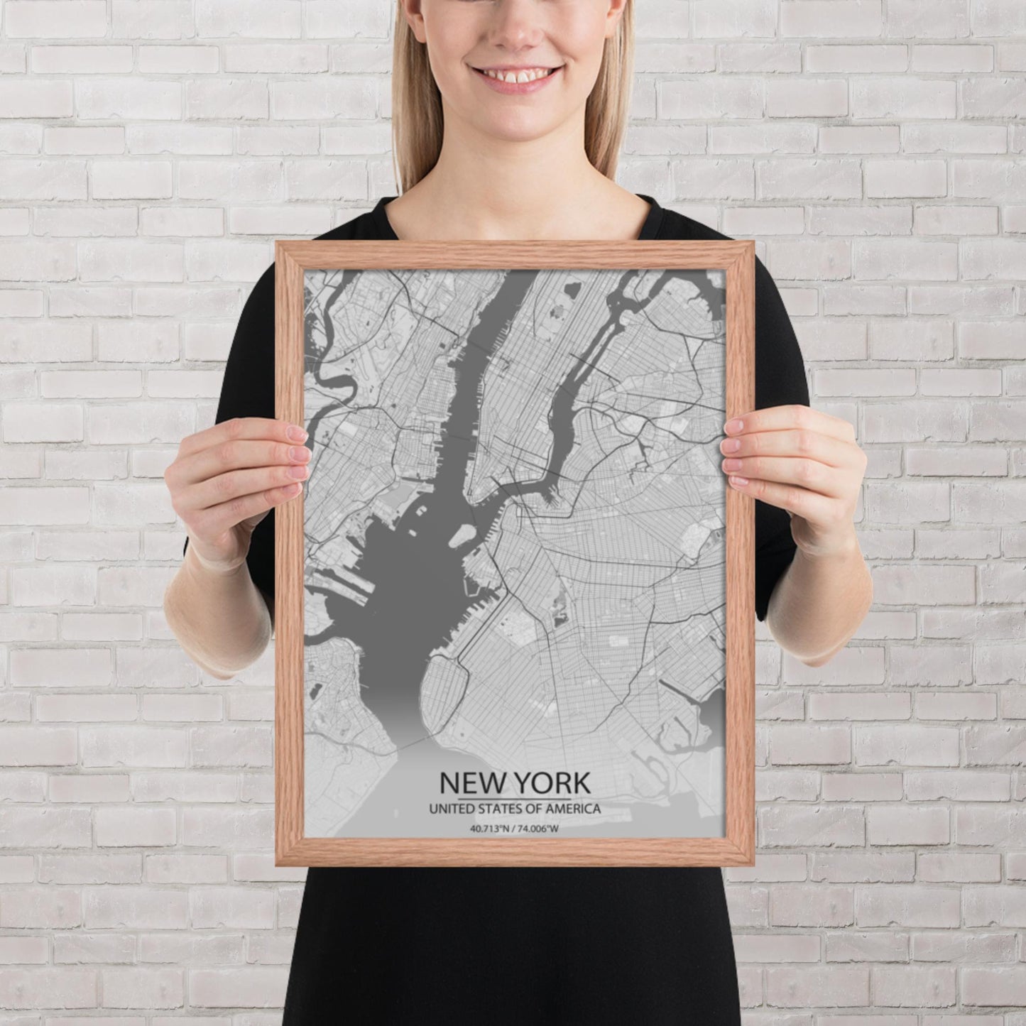 New York Light Grey Framed Map