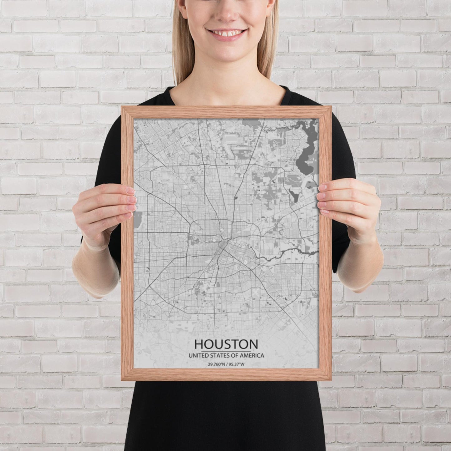Houston Light Grey Framed Map