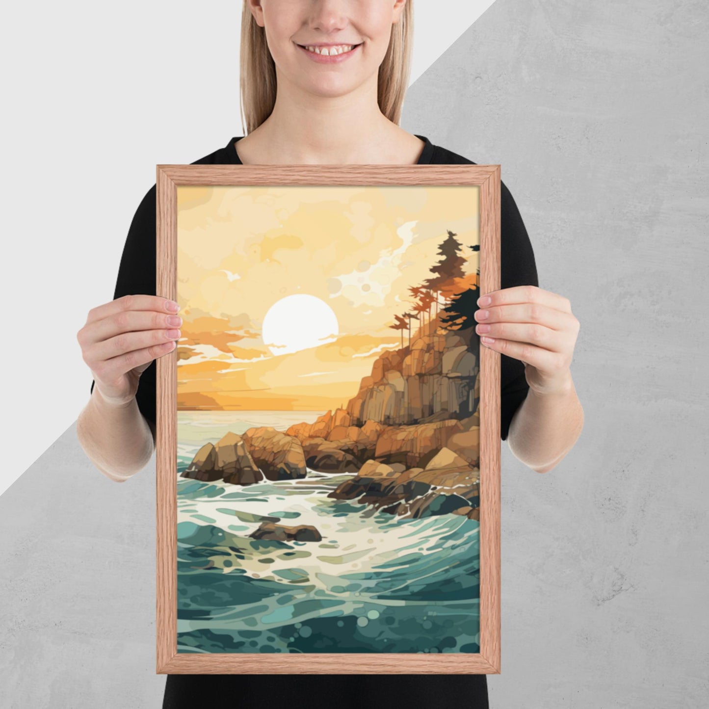 Ocean Rocks Sunset Framed Poster