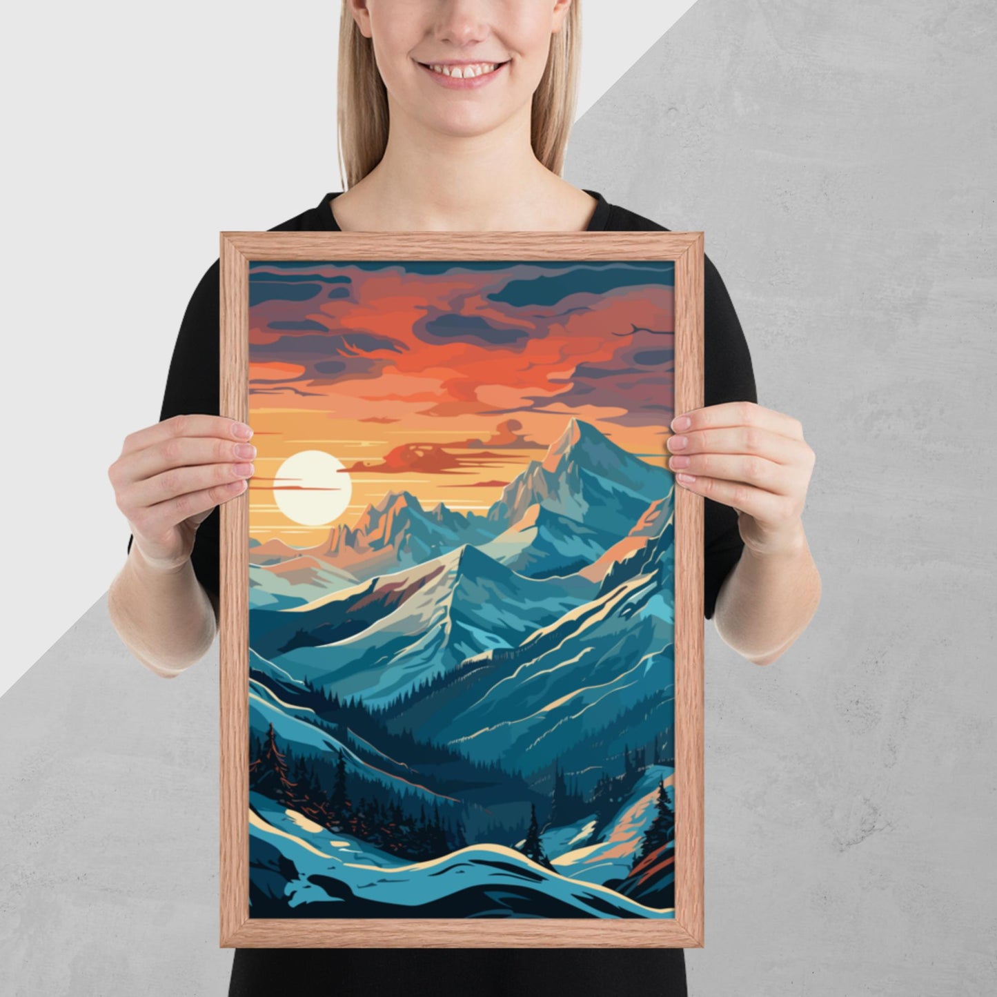 Snowy Mountain Sunset Framed Poster