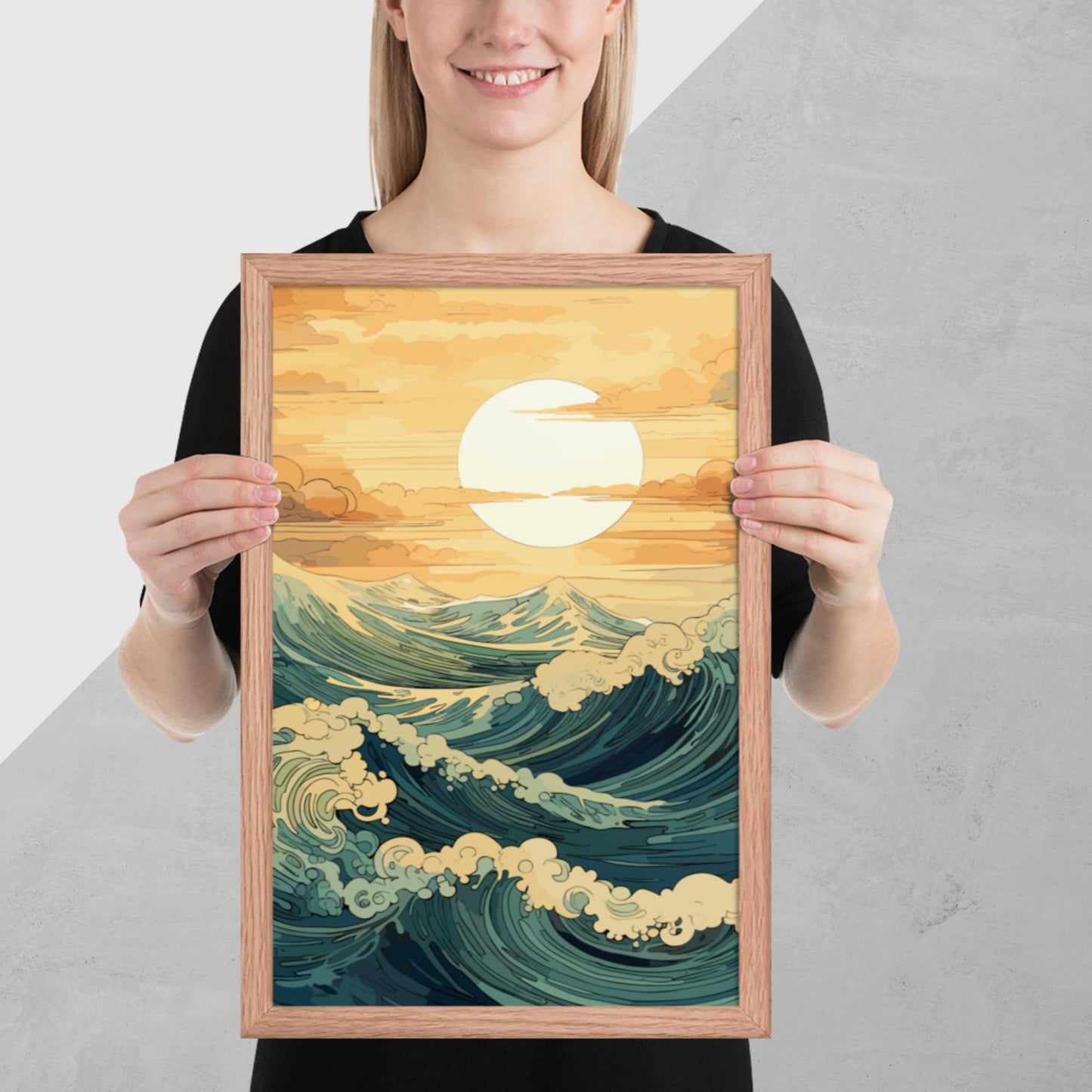 Wavy Sea Sunset Framed Poster