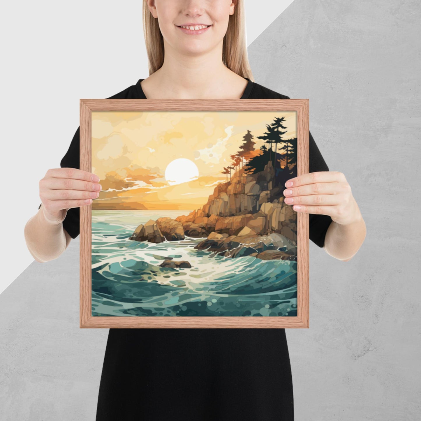 Ocean Rocks Sunset Framed Poster
