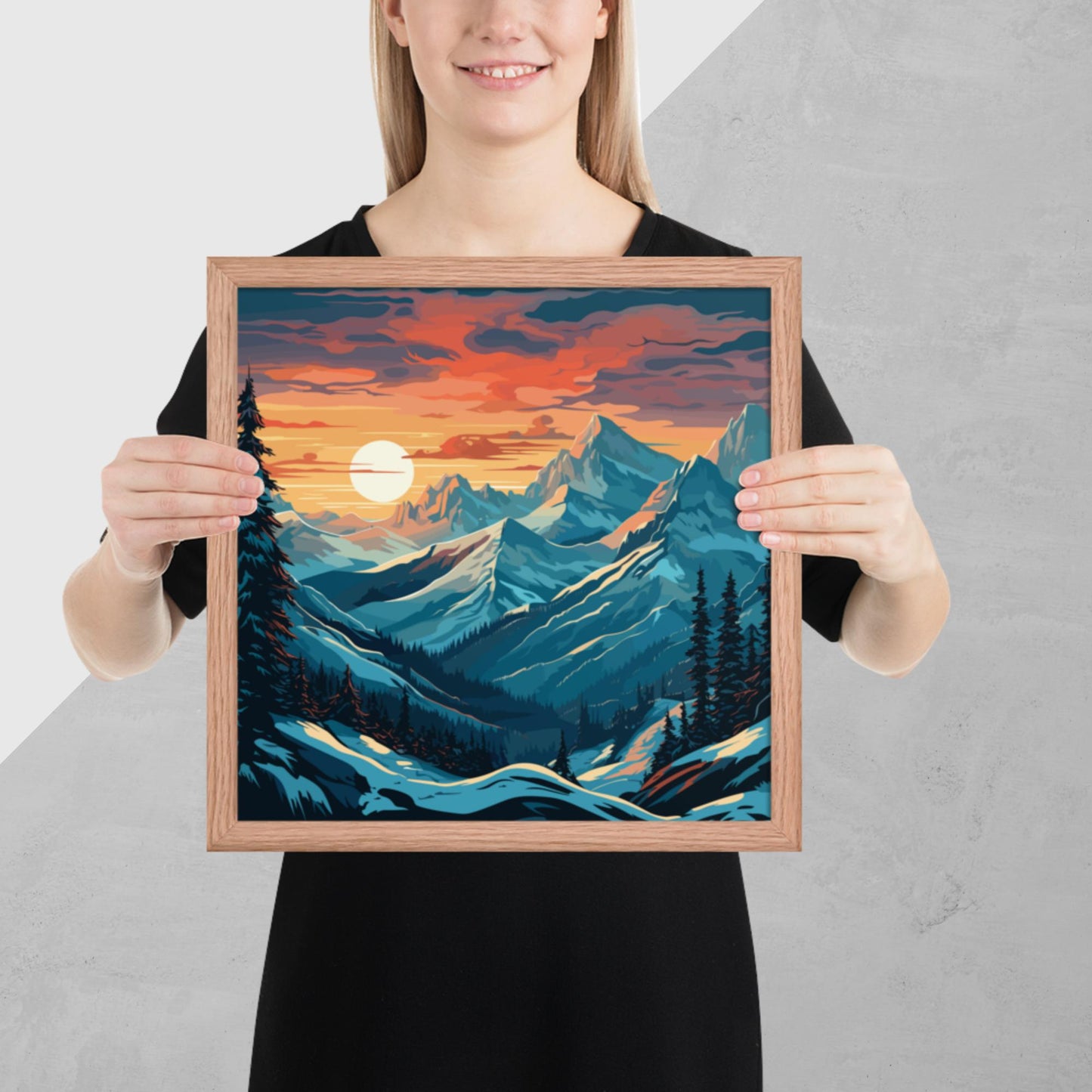 Snowy Mountain Sunset Framed Poster