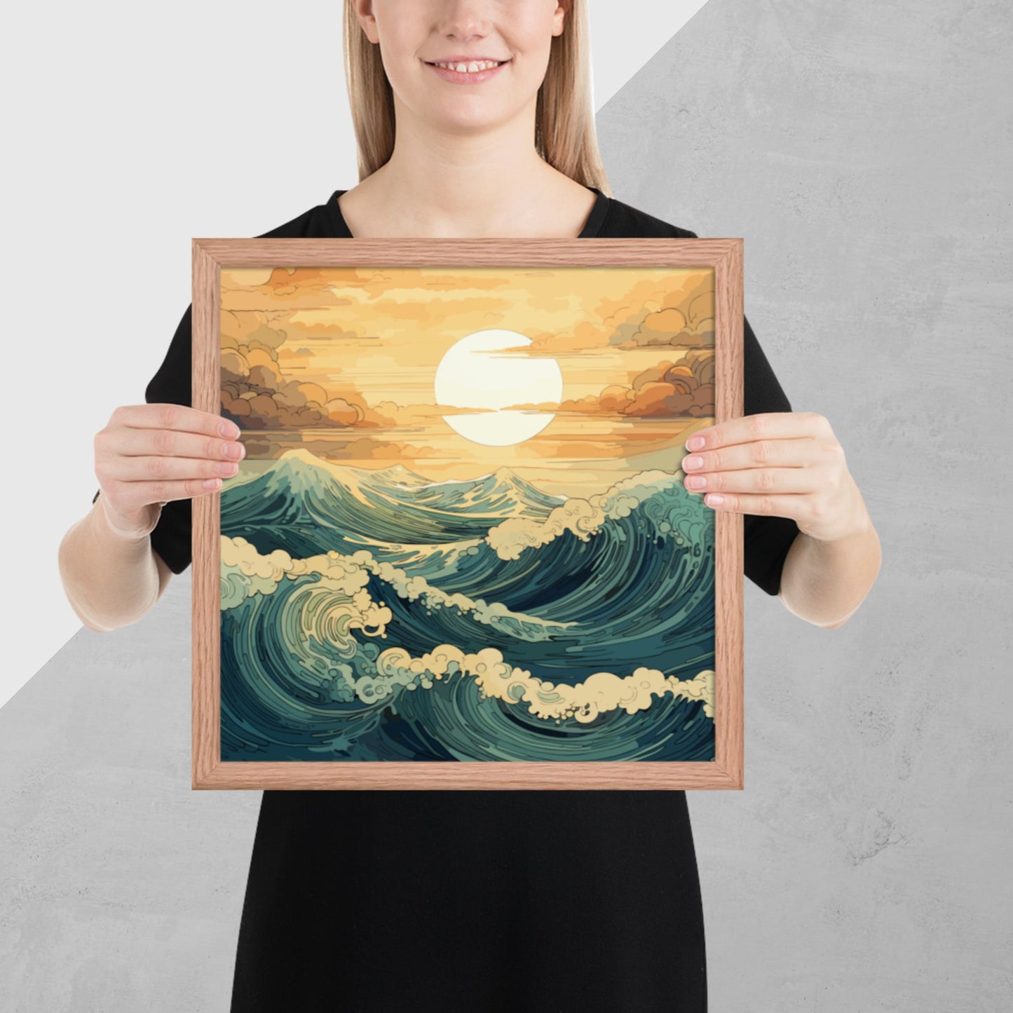 Wavy Sea Sunset Framed Poster