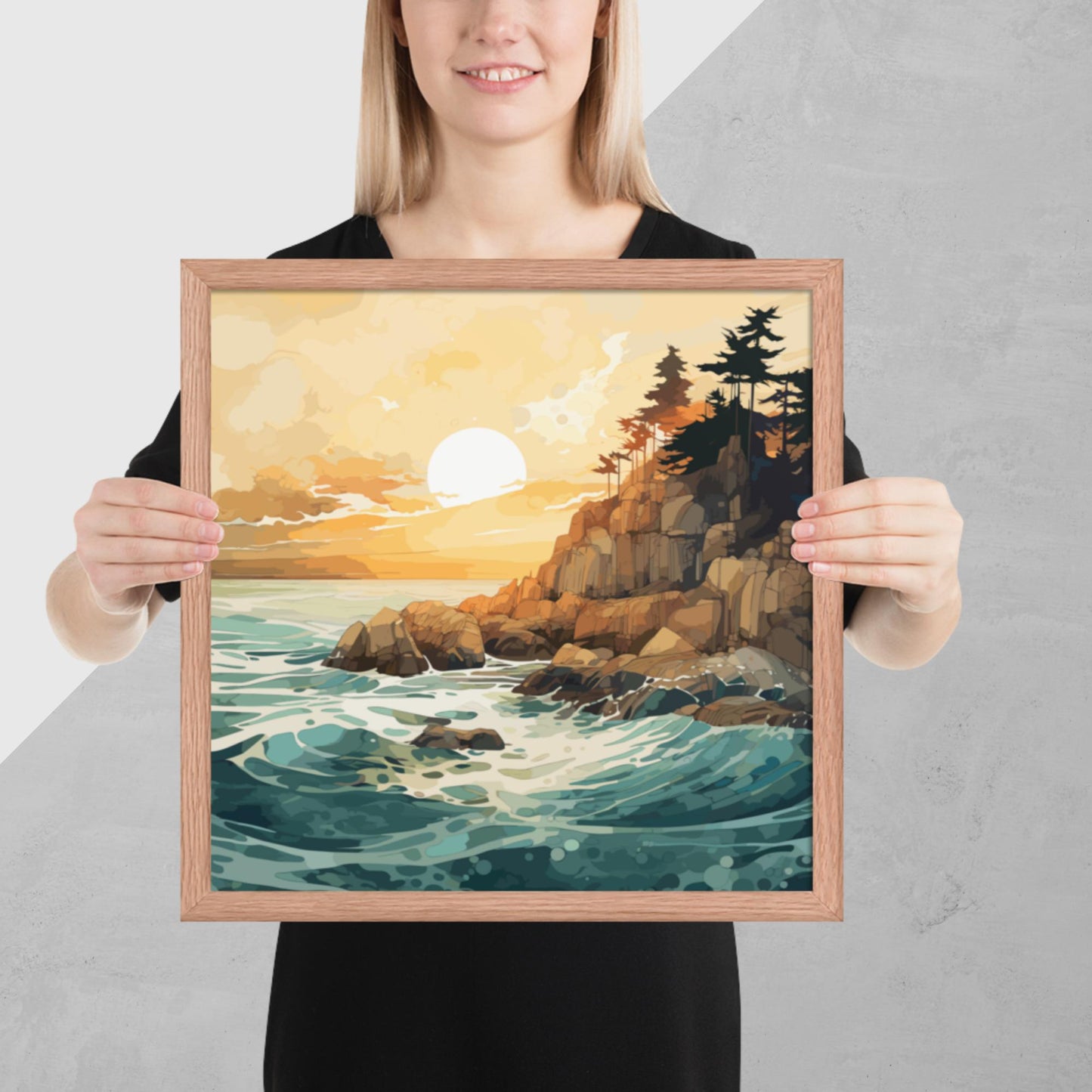 Ocean Rocks Sunset Framed Poster