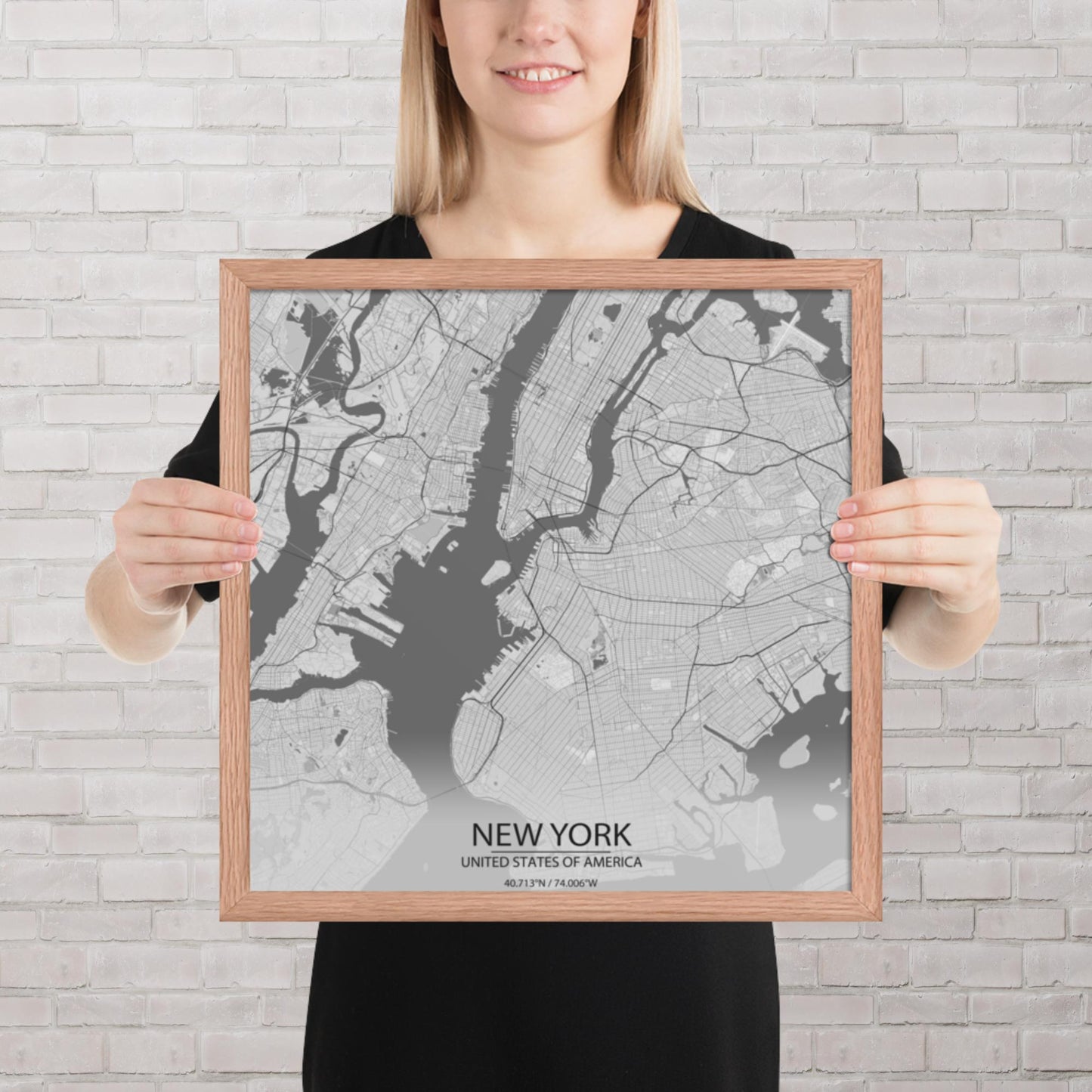 New York Light Grey Framed Map