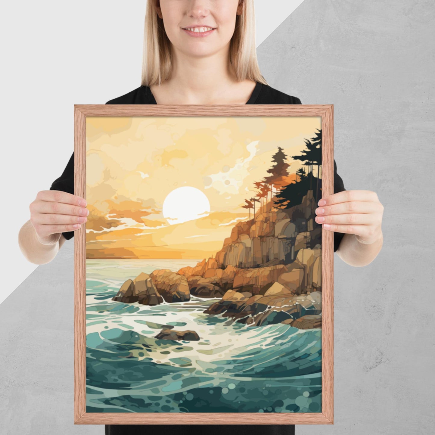 Ocean Rocks Sunset Framed Poster