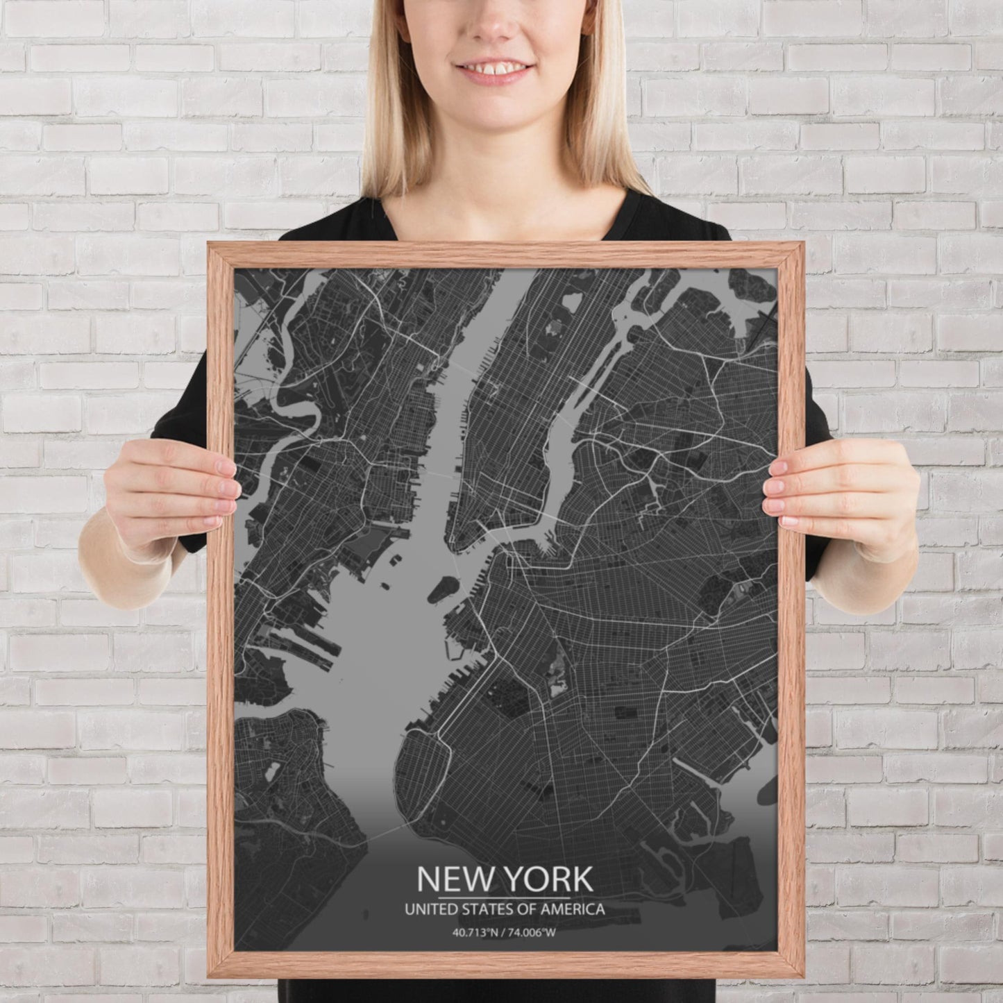 New York Dark Grey Framed Map