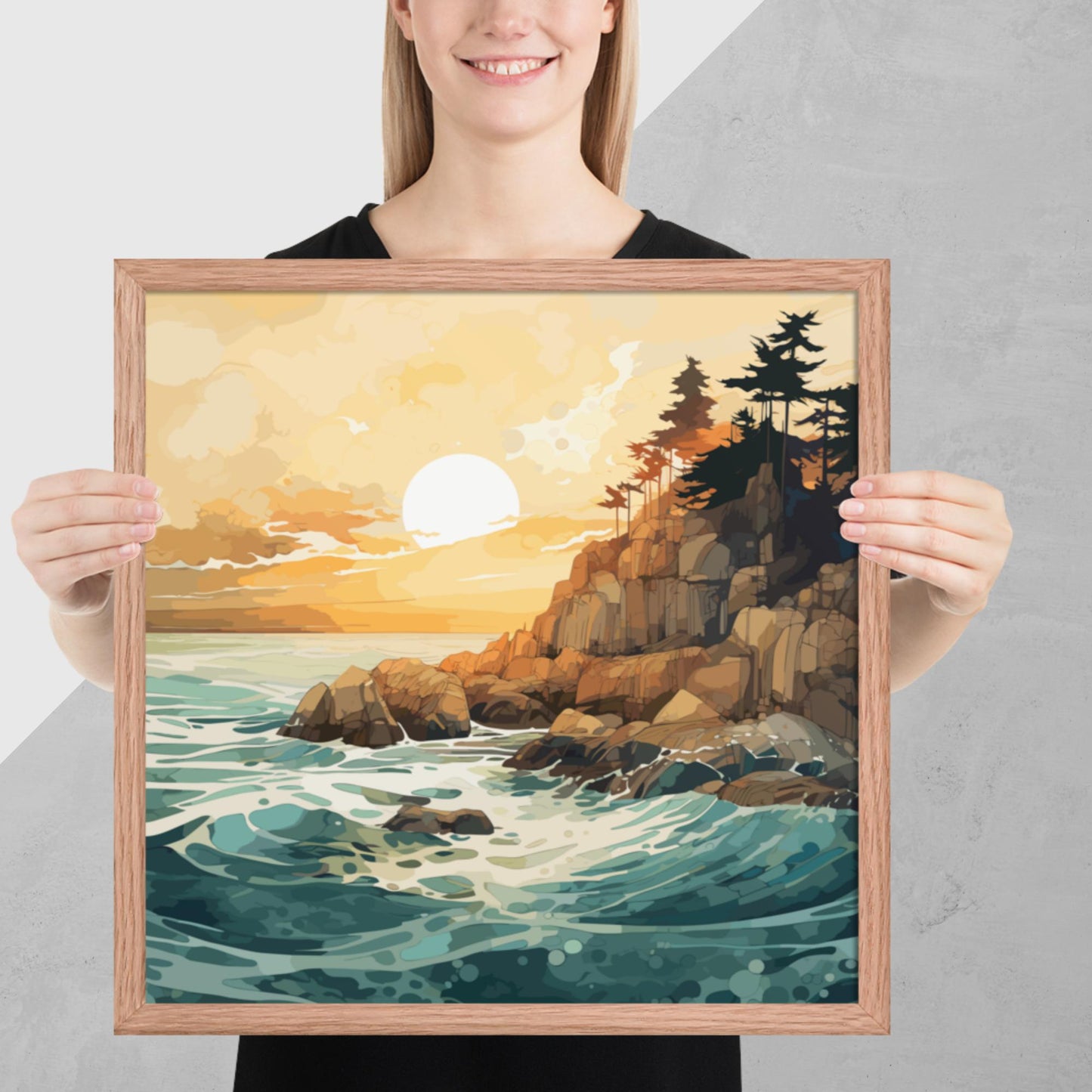 Ocean Rocks Sunset Framed Poster