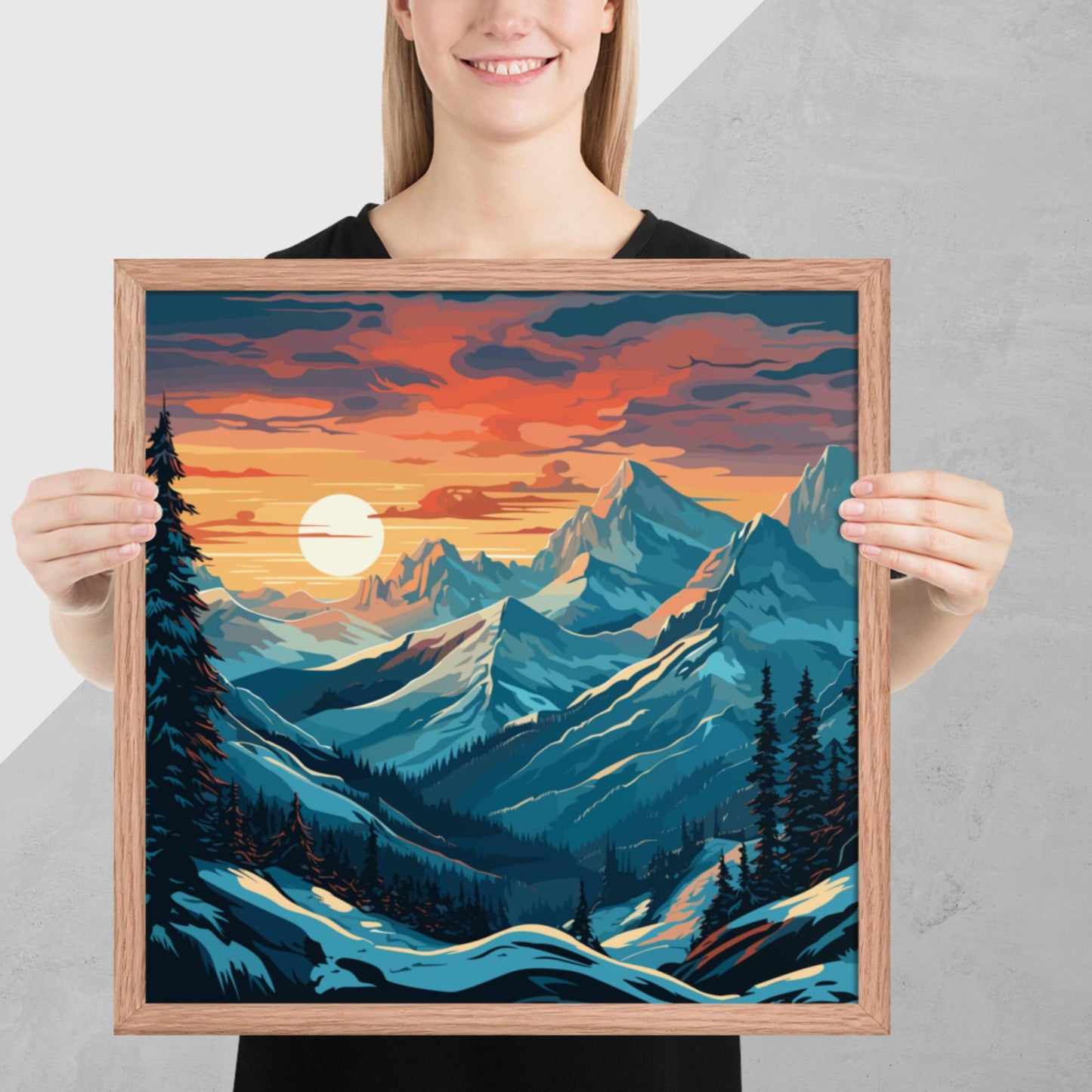 Snowy Mountain Sunset Framed Poster