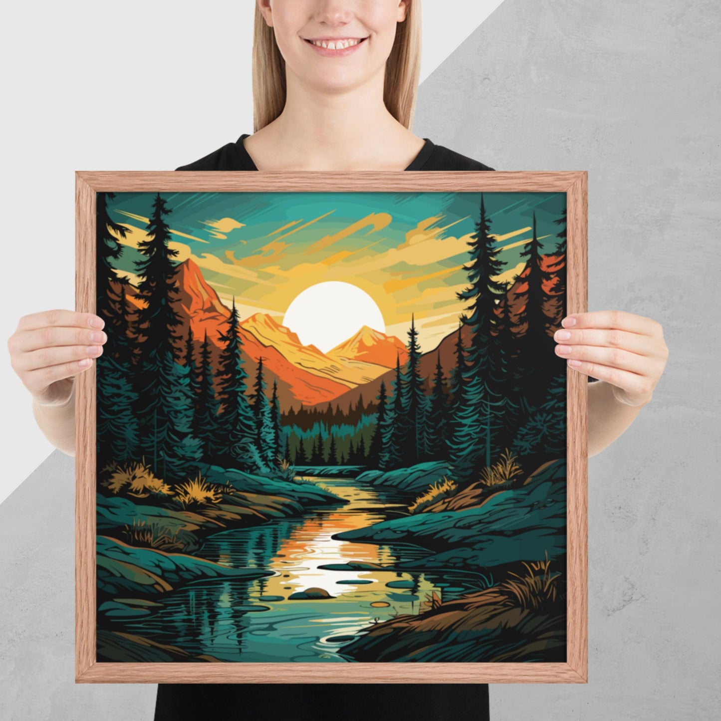 Forest Mountain River Framed Poster