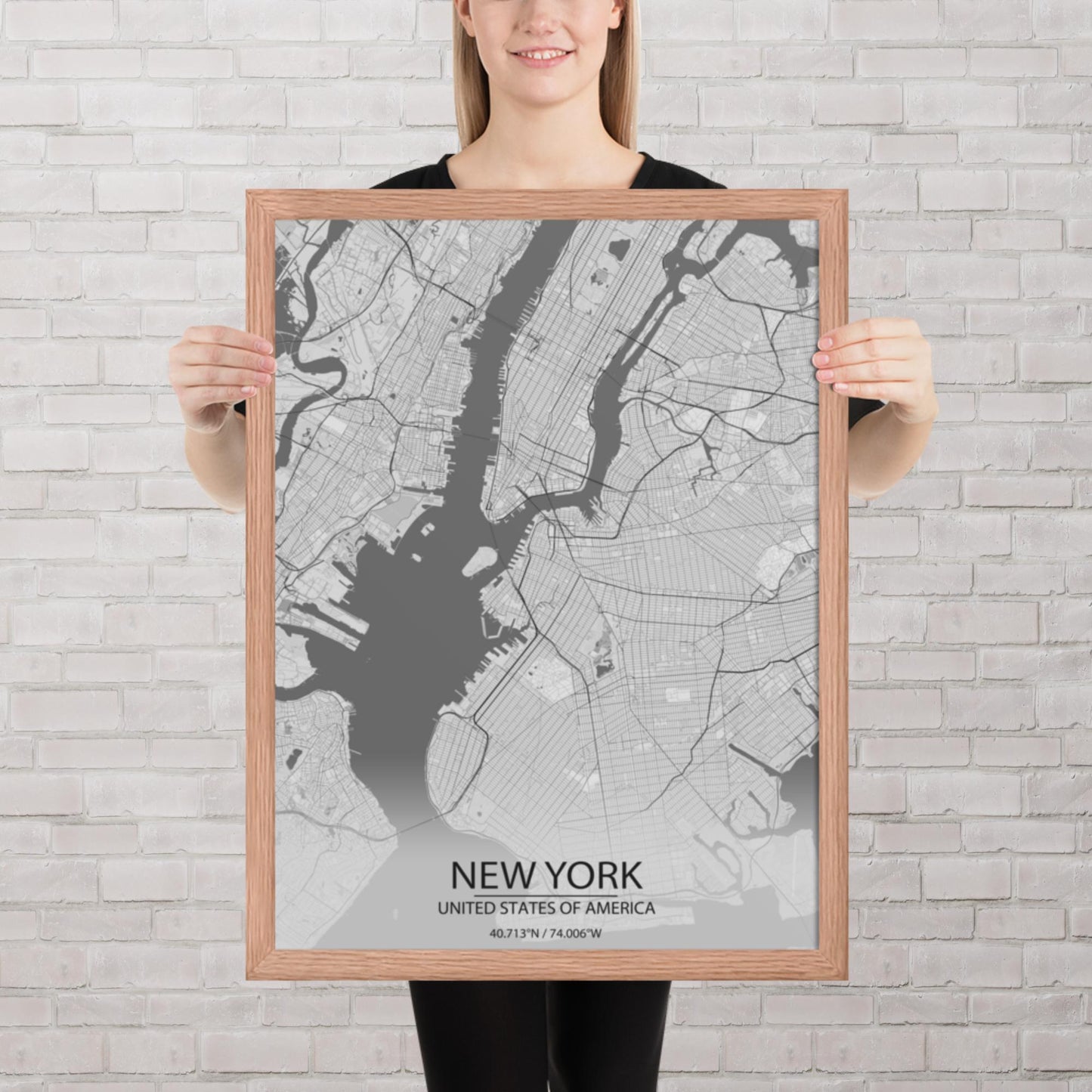 New York Light Grey Framed Map