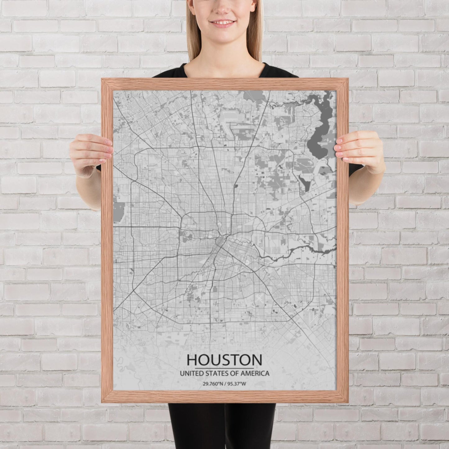 Houston Light Grey Framed Map