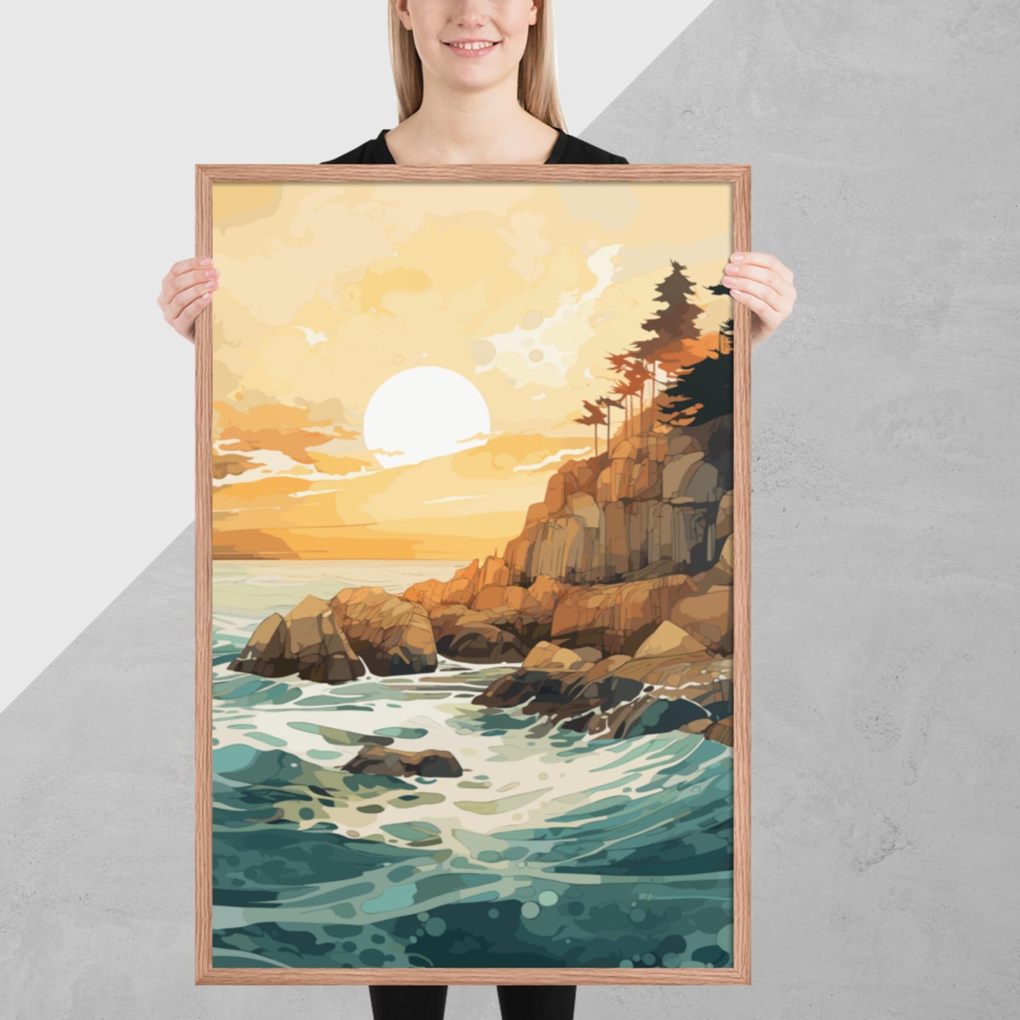 Ocean Rocks Sunset Framed Poster