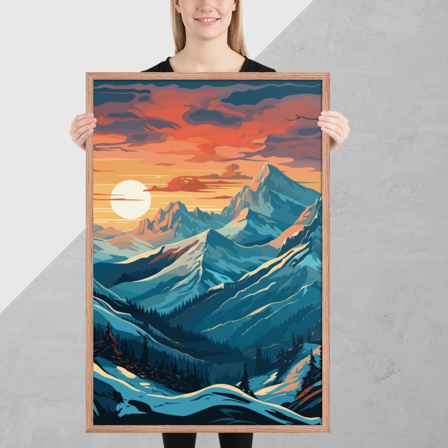 Snowy Mountain Sunset Framed Poster