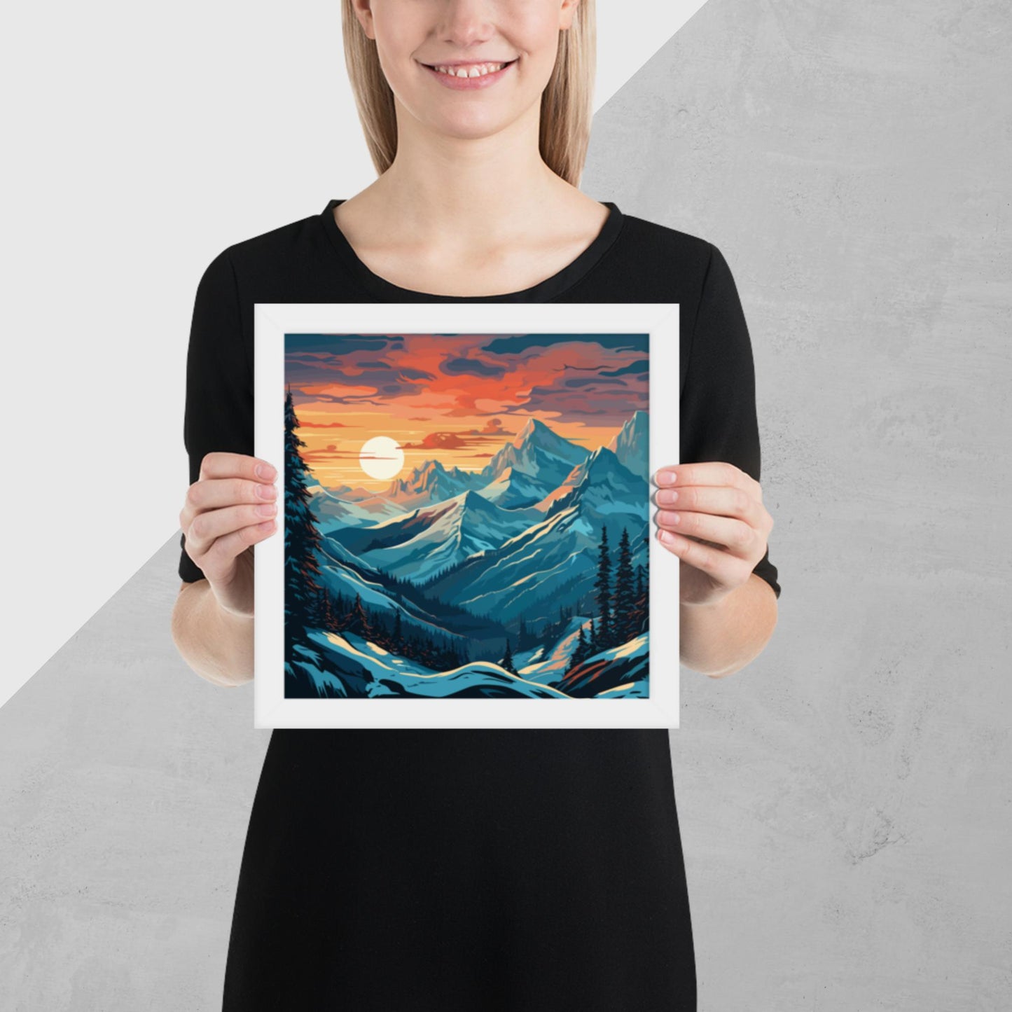 Snowy Mountain Sunset Framed Poster