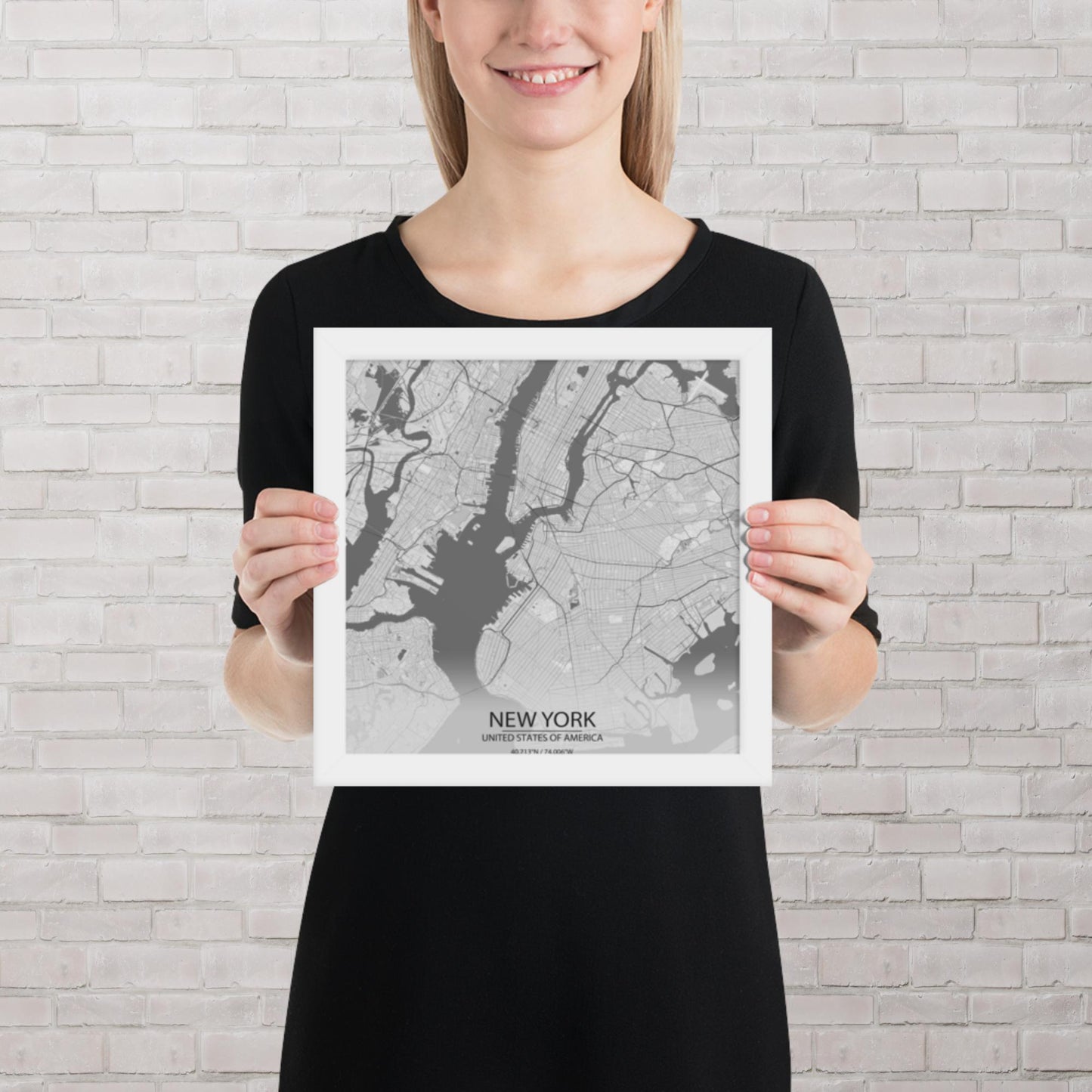 New York Light Grey Framed Map