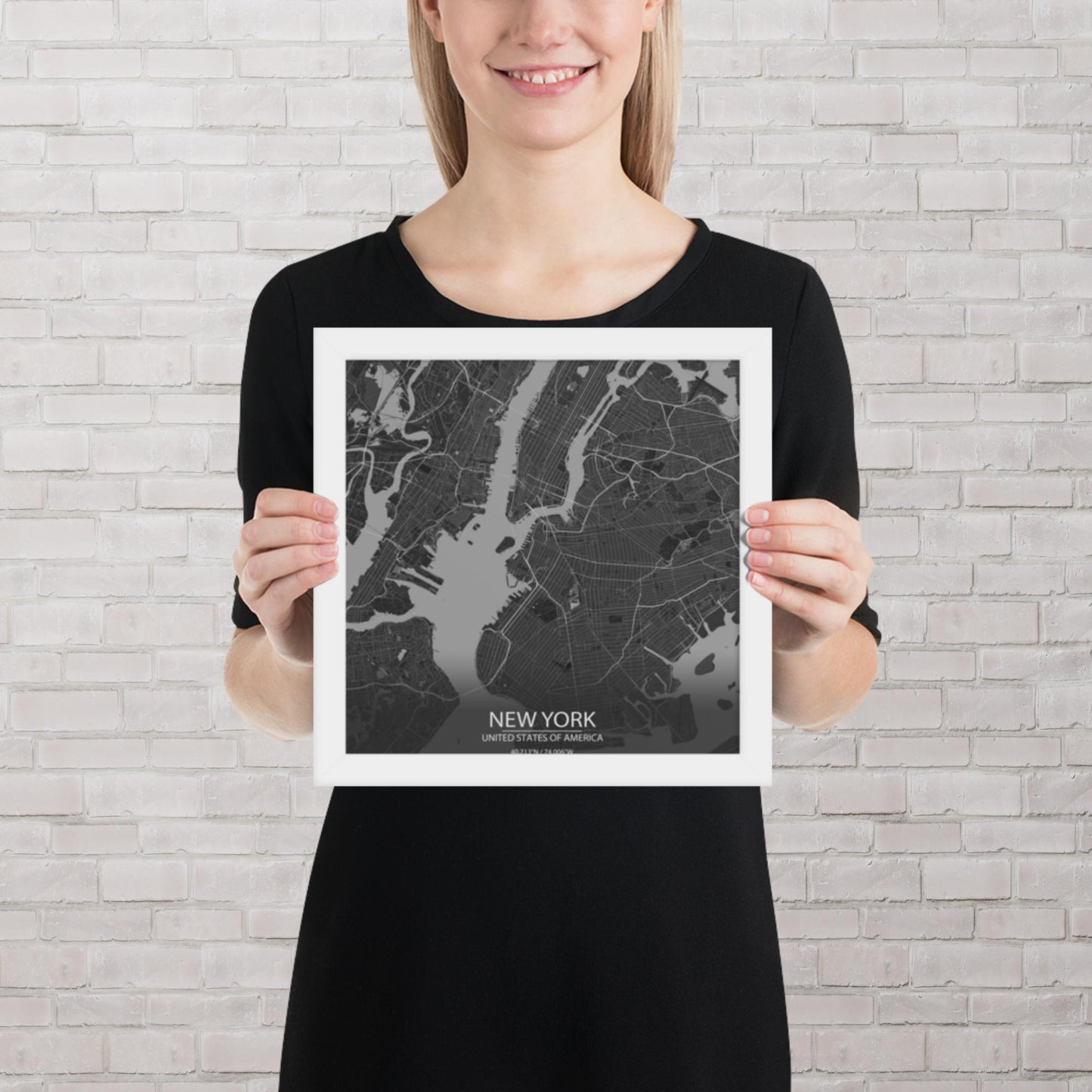 New York Dark Grey Framed Map