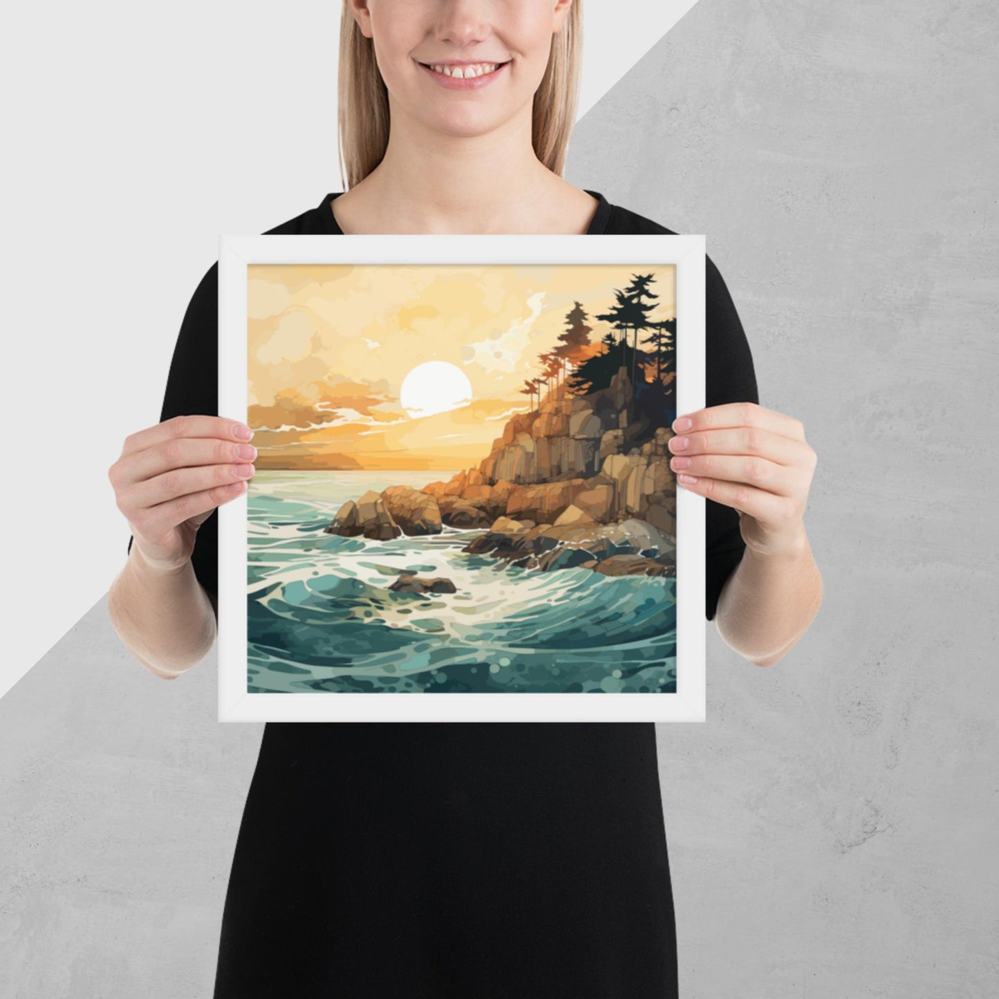 Ocean Rocks Sunset Framed Poster