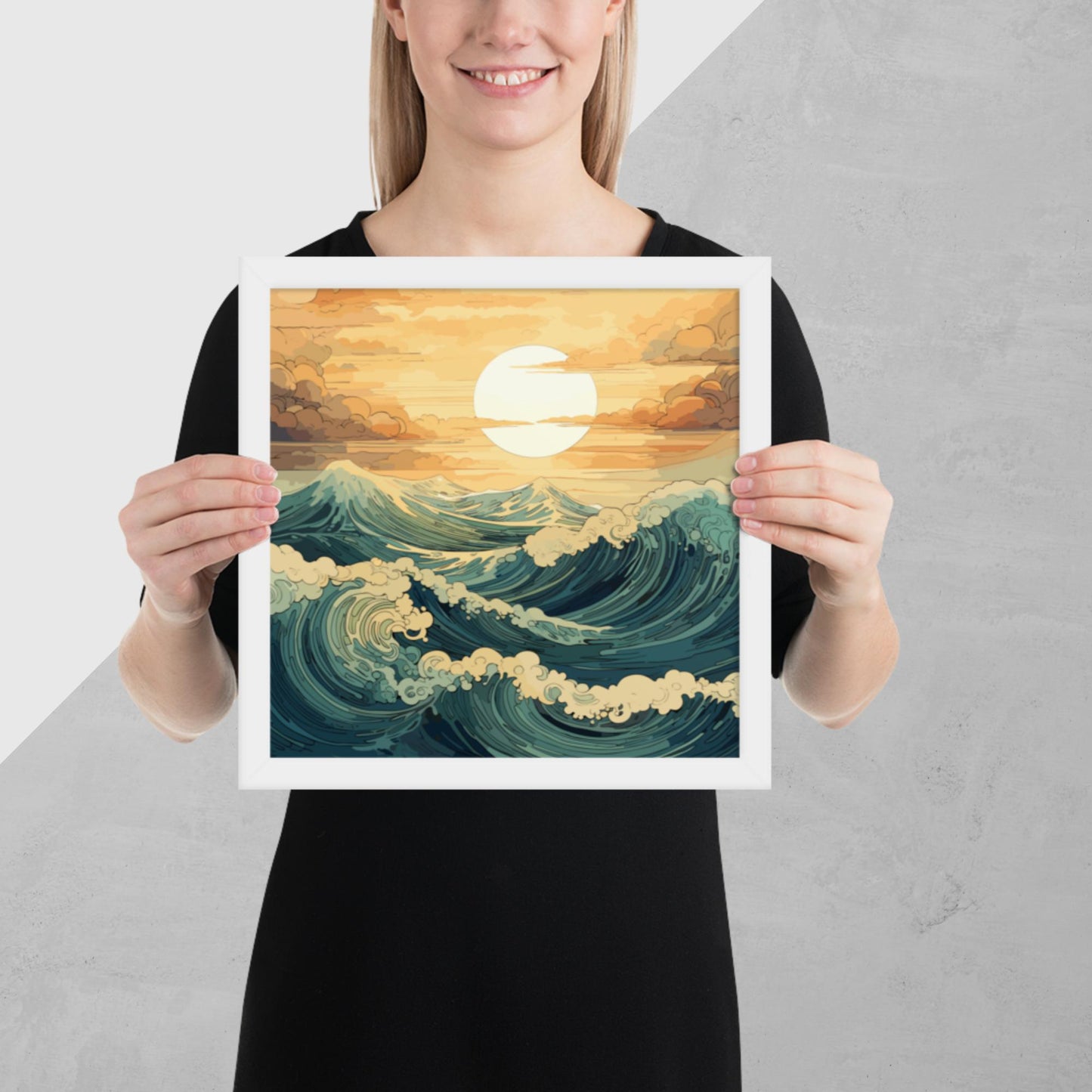 Wavy Sea Sunset Framed Poster