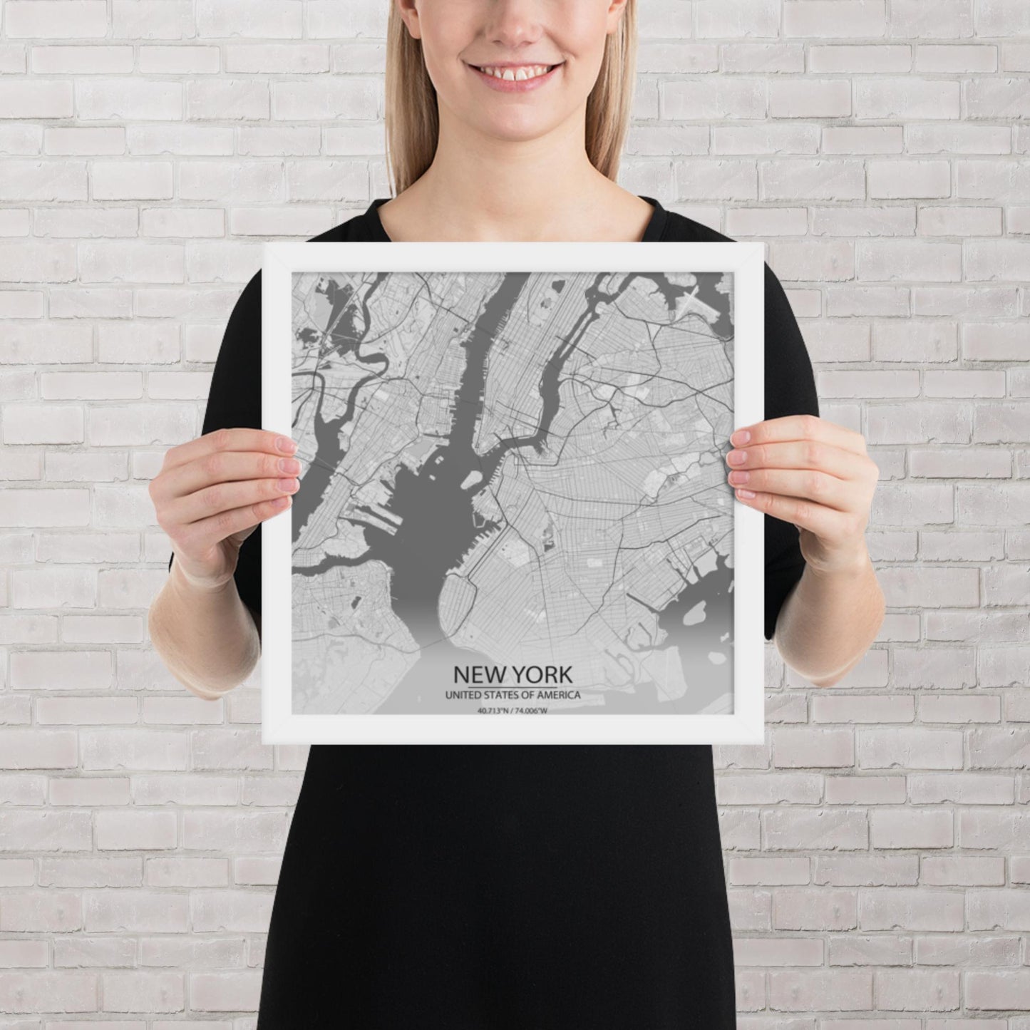 New York Light Grey Framed Map