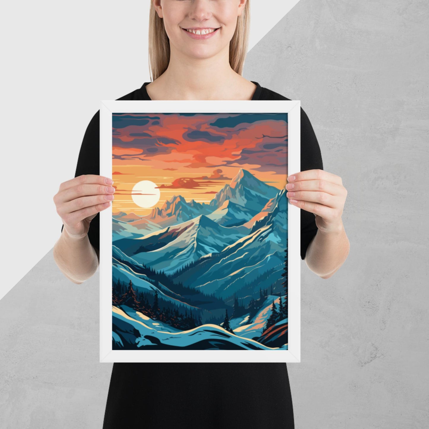Snowy Mountain Sunset Framed Poster