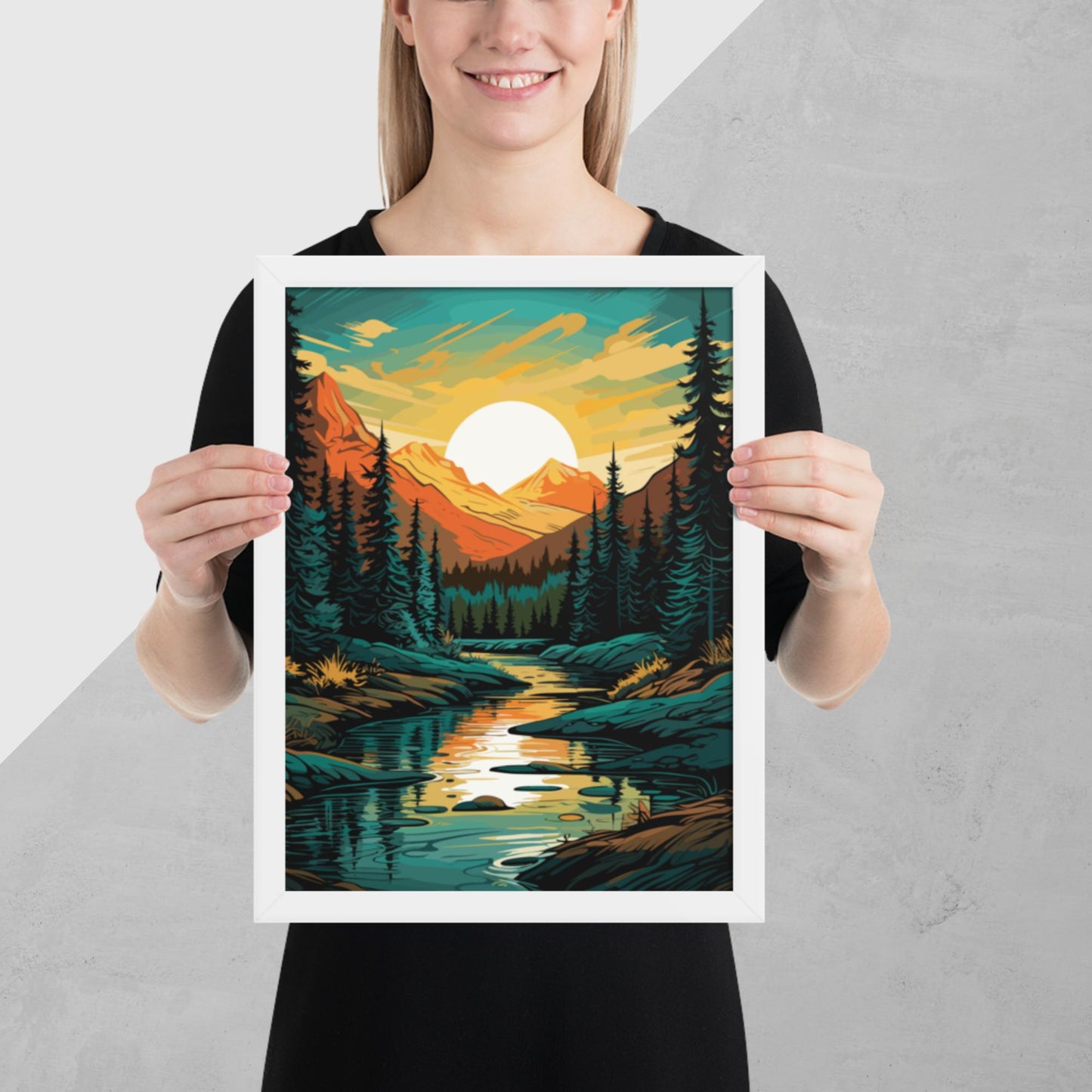 Forest Mountain River Framed Poster