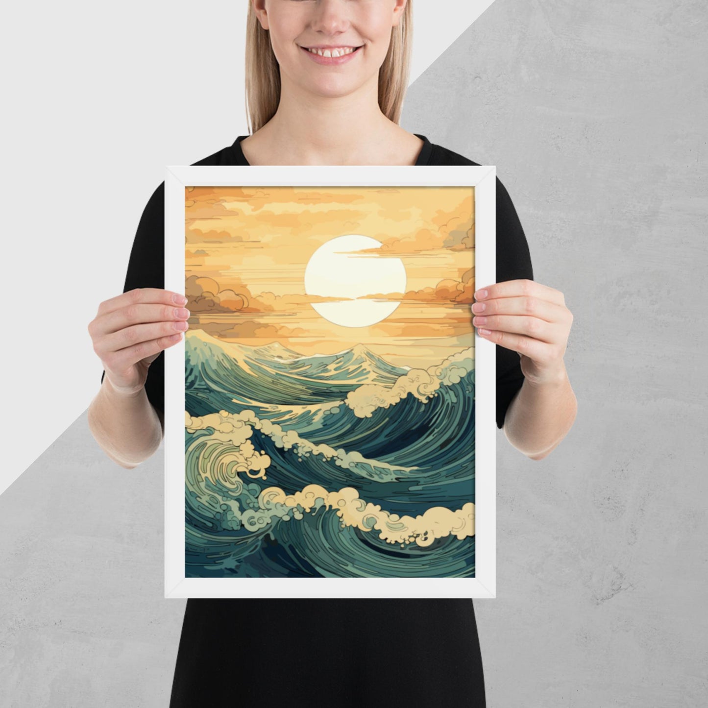 Wavy Sea Sunset Framed Poster