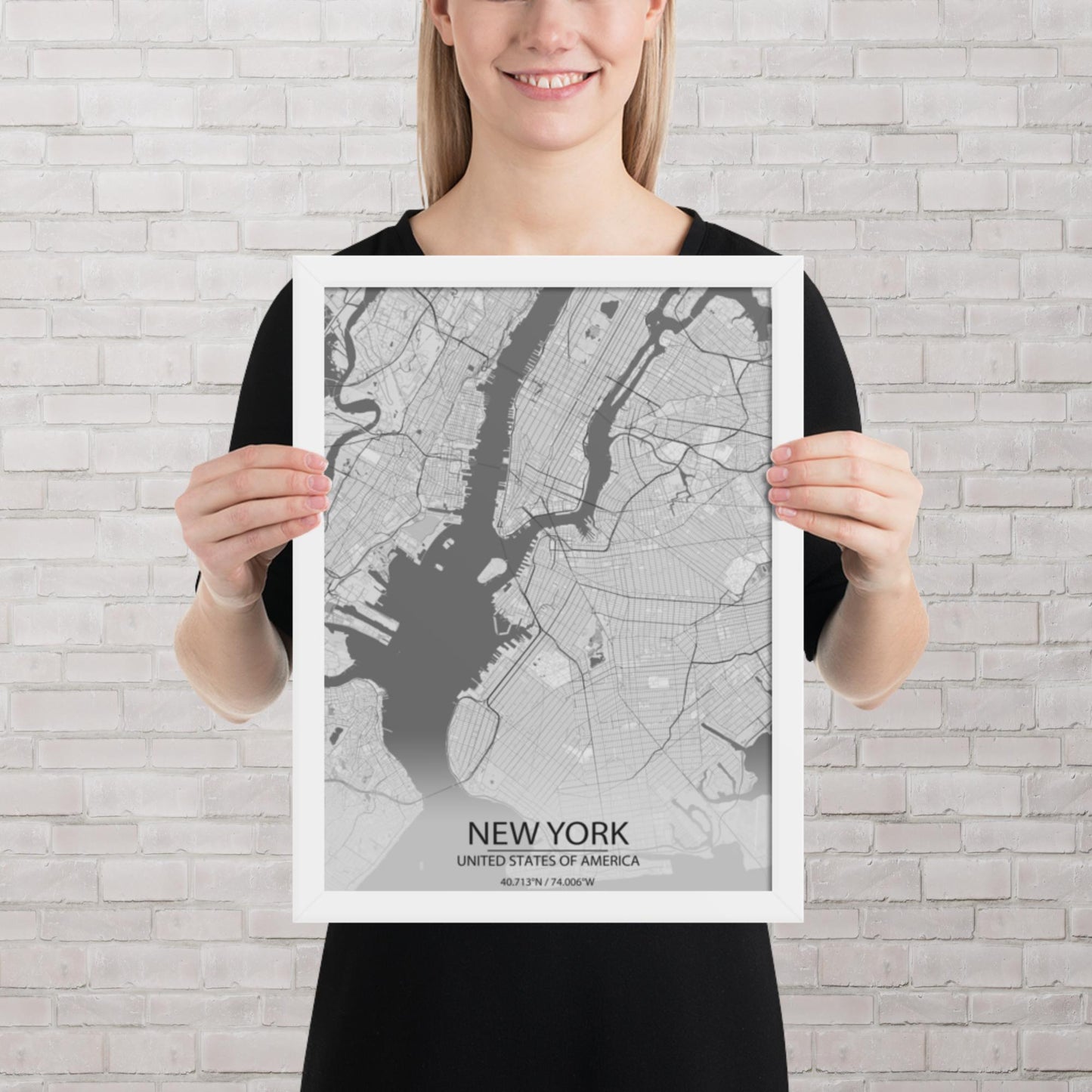 New York Light Grey Framed Map