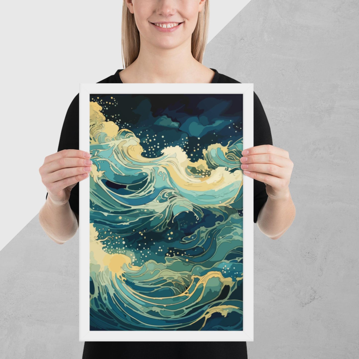 Nighttime Ocean Waves Framed Poster