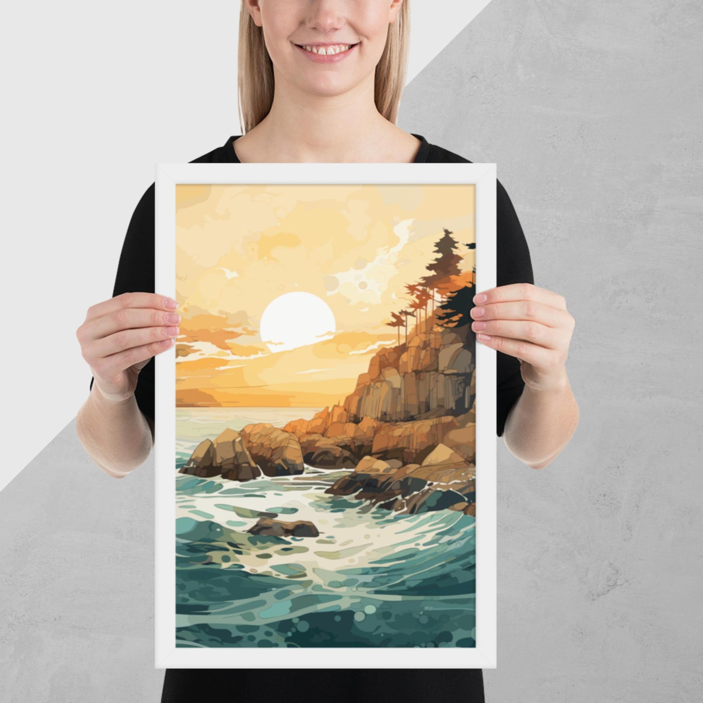 Ocean Rocks Sunset Framed Poster