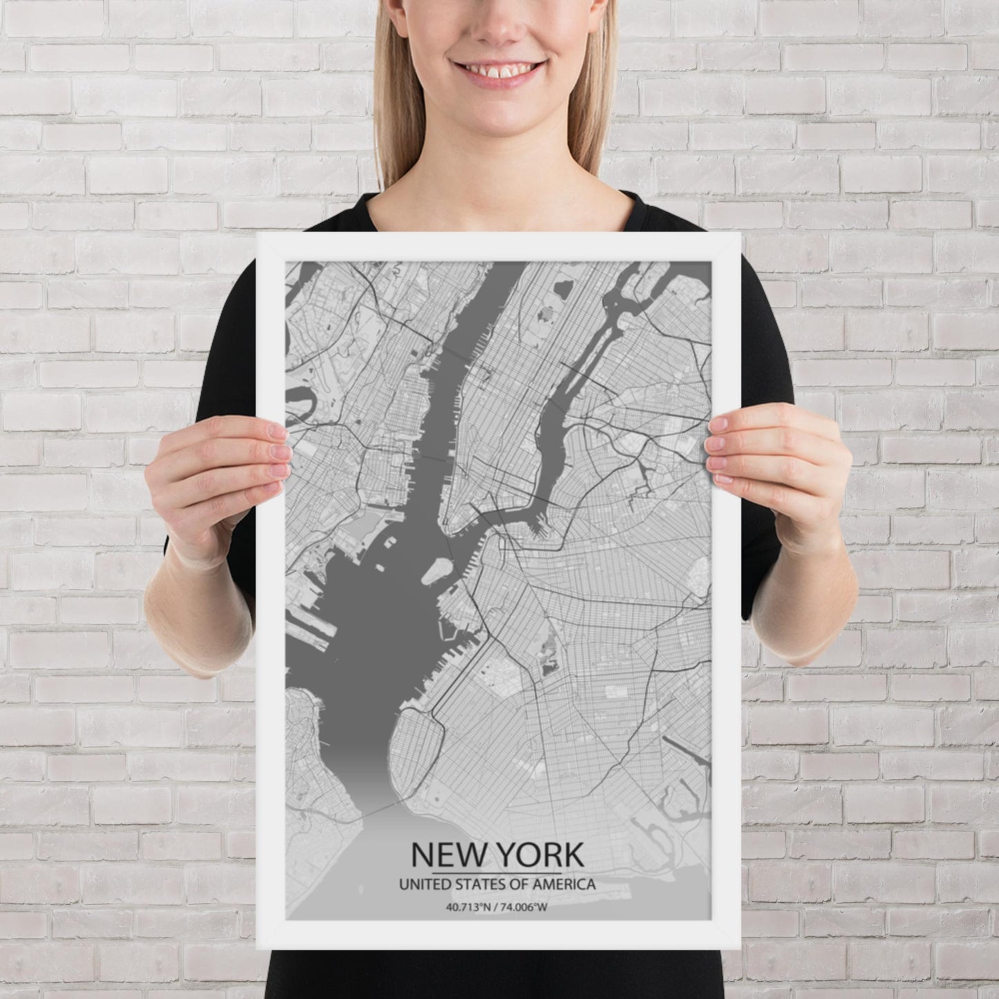 New York Light Grey Framed Map