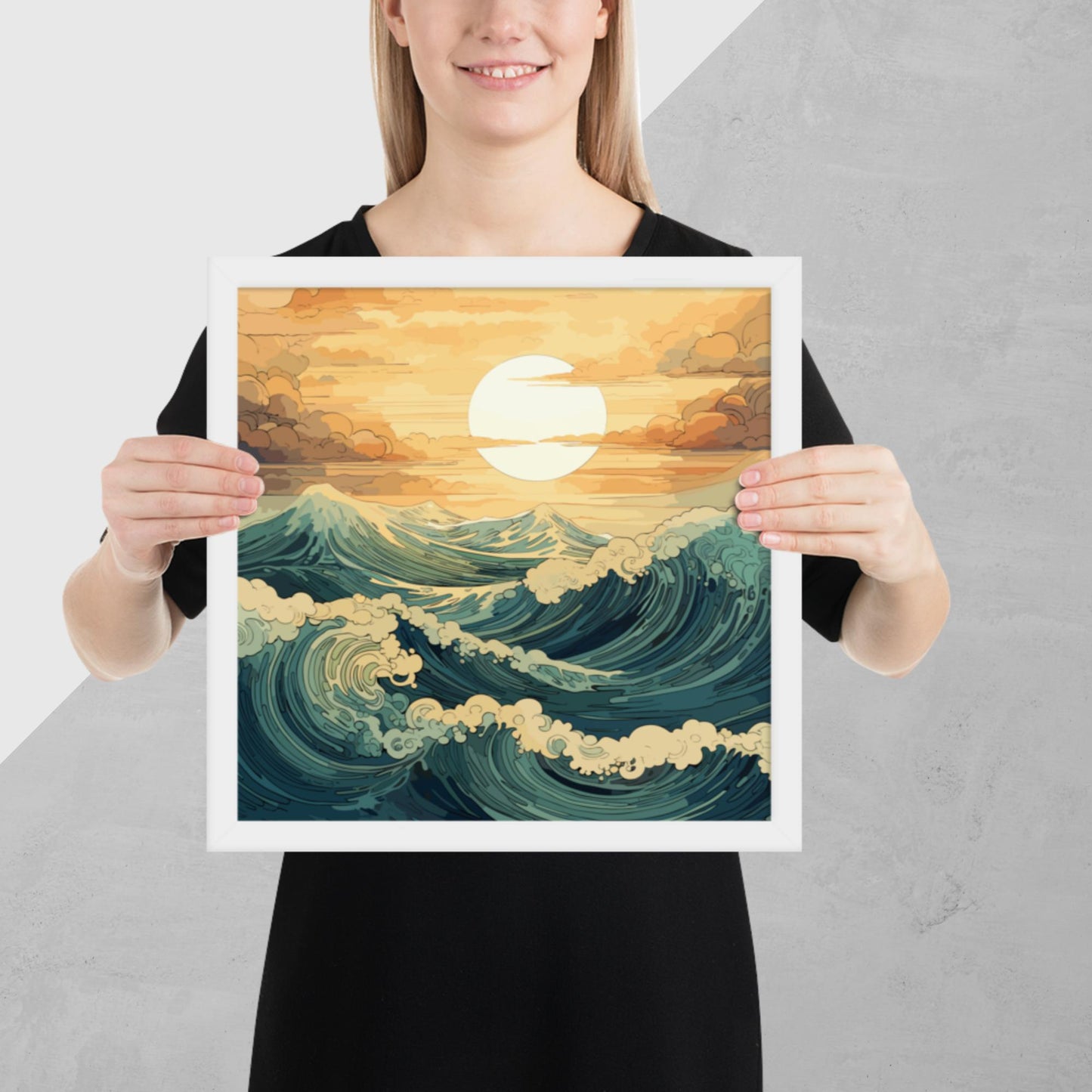 Wavy Sea Sunset Framed Poster